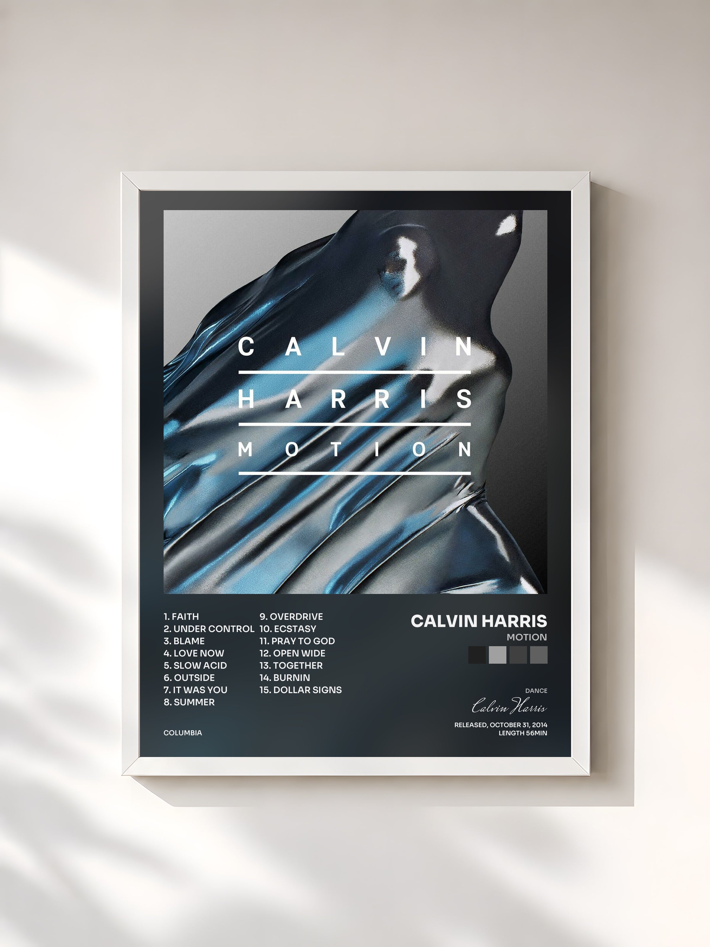#blanc Motion di Calvin Harris in stampa incorniciata, cornice bianca, stampata e incorniciata in Francia