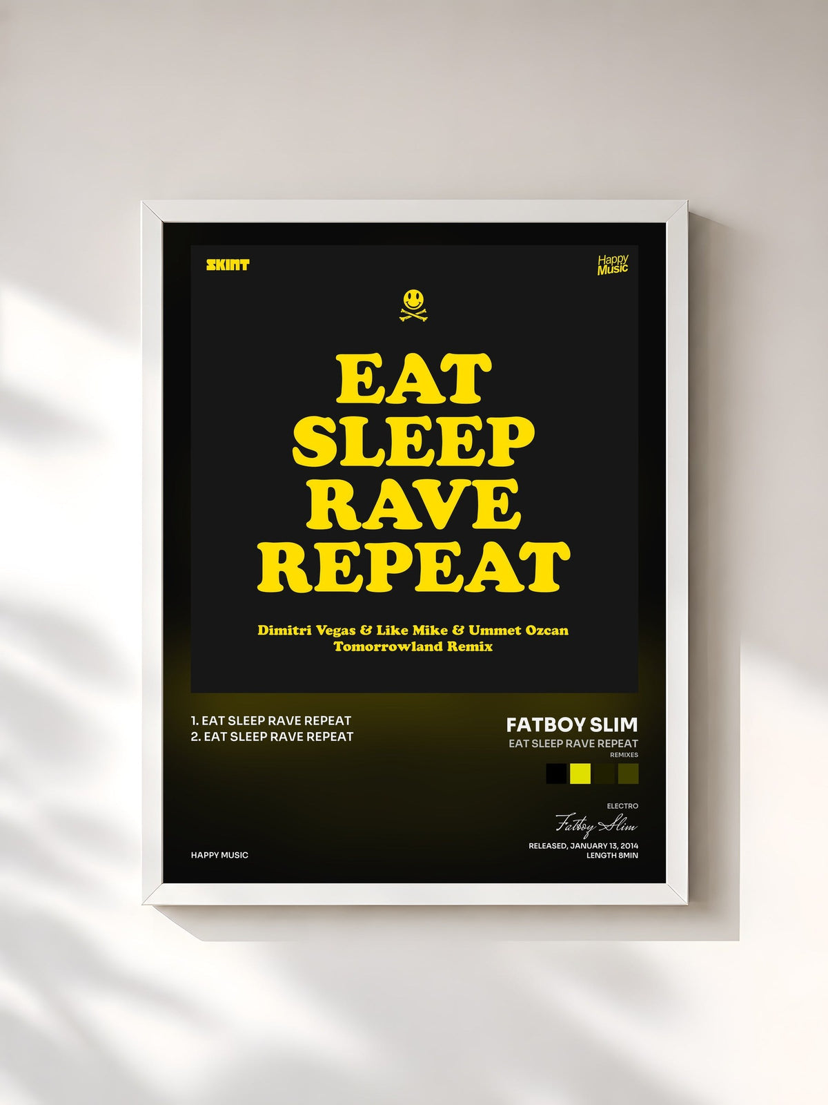 #blanc Tableau de l'album Eat Sleep Rave Repeat (Remixes) - EP de Fatboy Slim, cadre blanc, imprimé et encadré en France