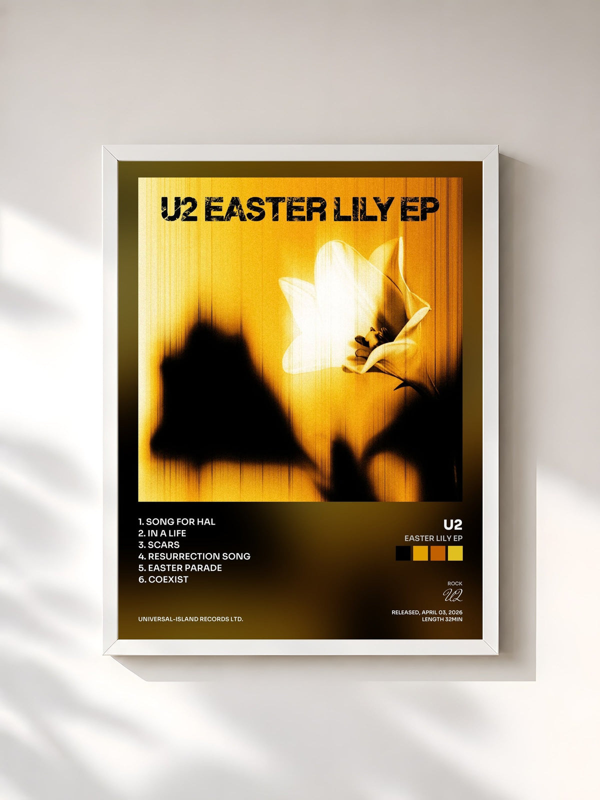 #blanc Tableau de l'album Easter Lily EP de U2, cadre blanc, imprimé et encadré en France