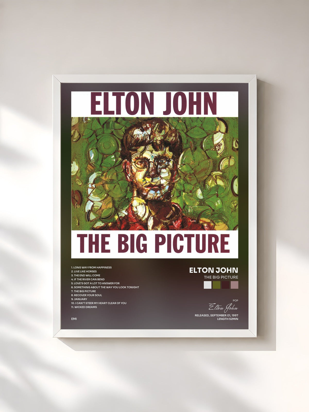 #blanc Tableau de l'album The Big Picture de Elton John, cadre blanc, imprimé et encadré en France