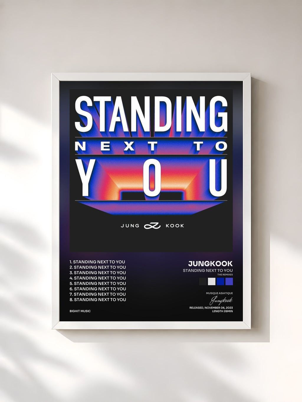 #blanc Tableau de l'album Standing Next to You (The Remixes) de Jungkook, cadre blanc, imprimé et encadré en France