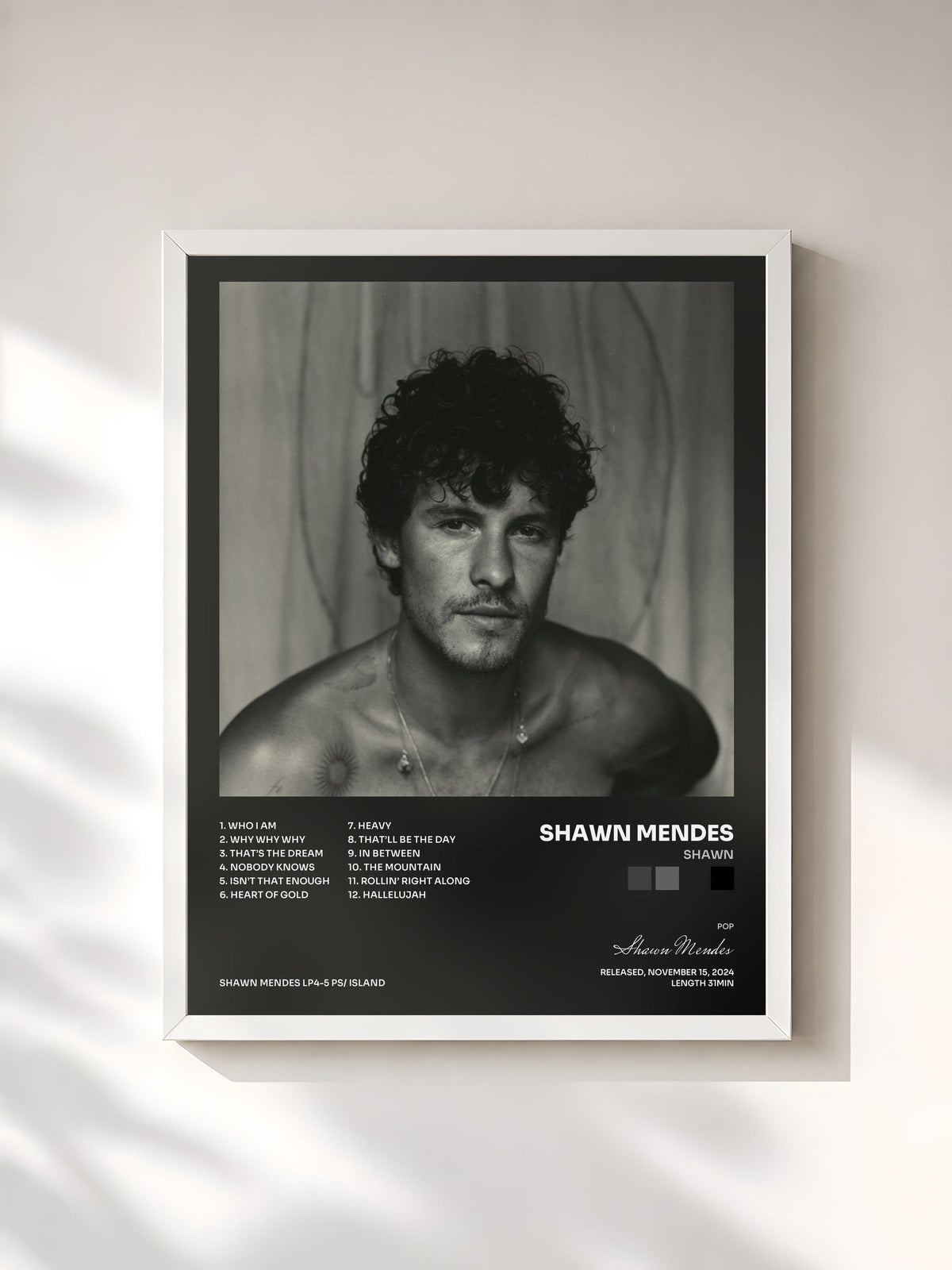 #blanc Tableau de l'album Shawn de Shawn Mendes, cadre blanc, imprimé et encadré en France