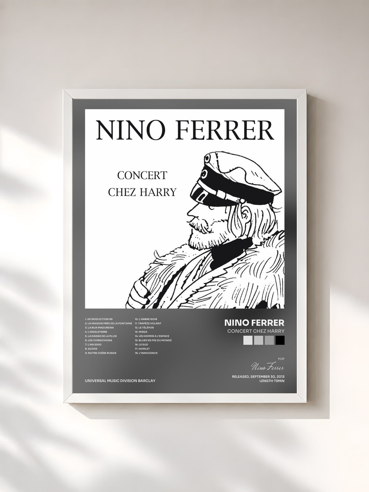 #blanc Tableau de l'album Concert Chez Harry de Nino Ferrer, cadre blanc, imprimé et encadré en France