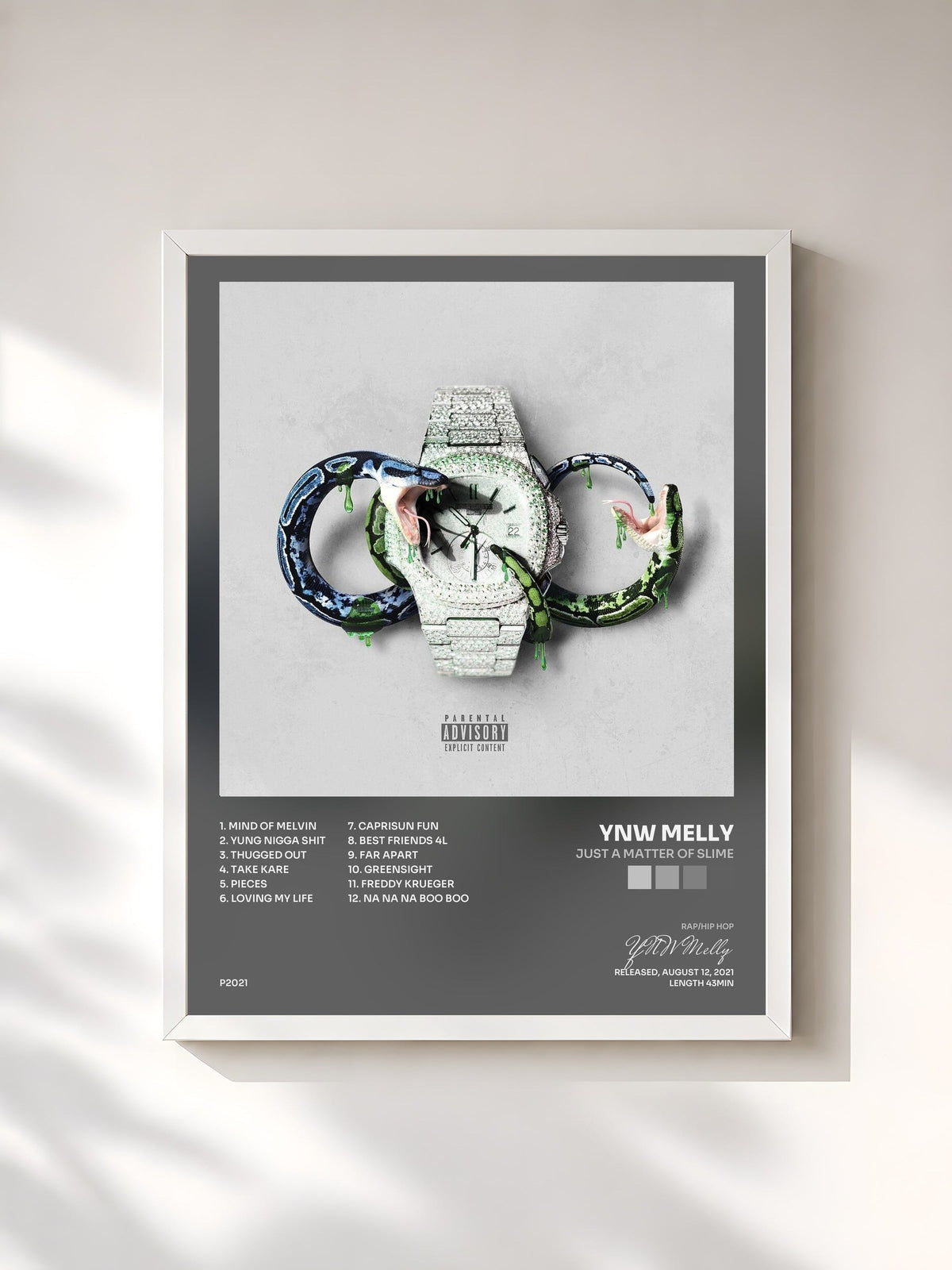 #blanc Tableau de l'album Just A Matter of Slime de YNW Melly, cadre blanc, imprimé et encadré en France