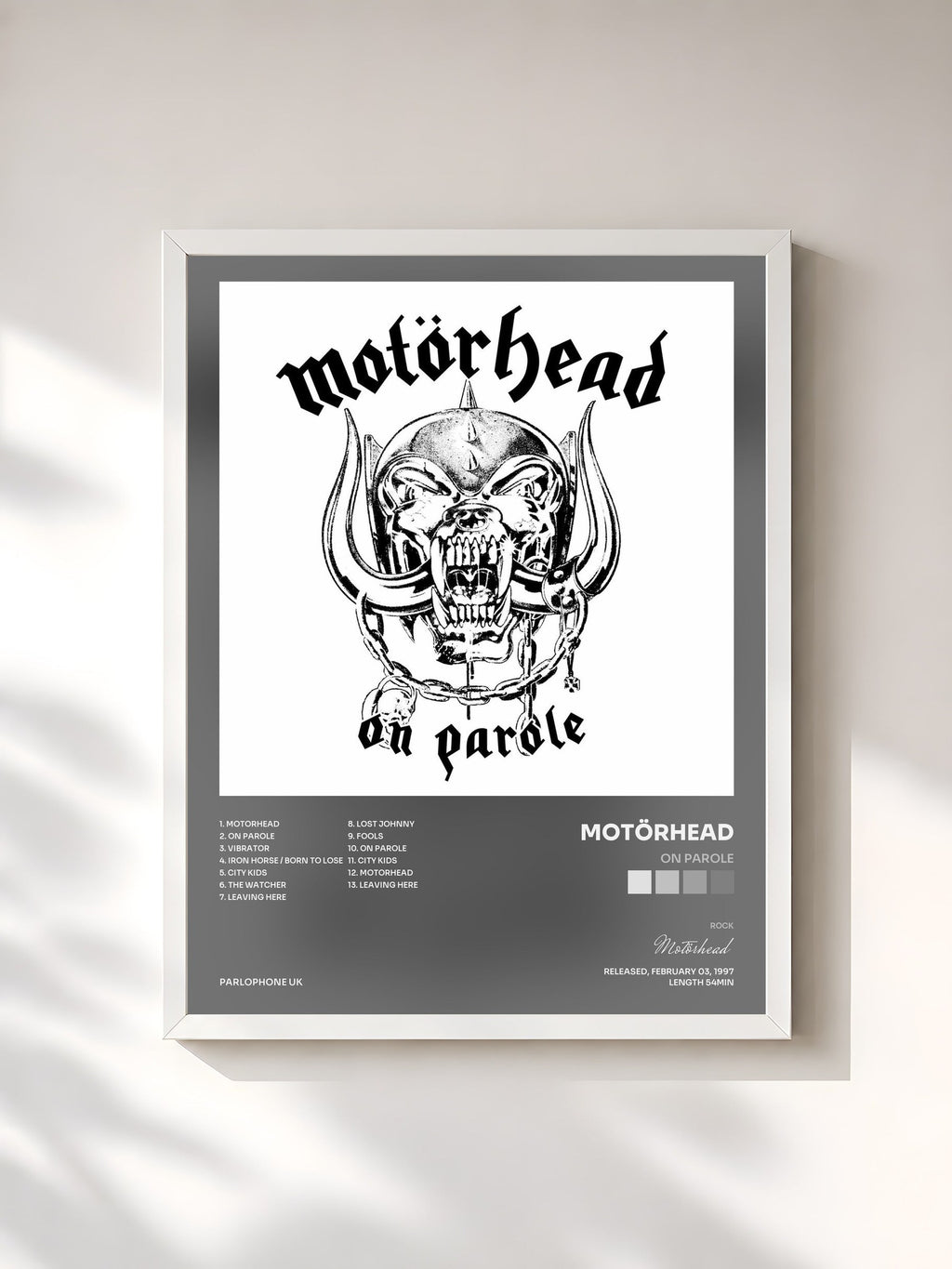 #blanc Tableau de l'album On Parole de Motörhead, cadre blanc, imprimé et encadré en France