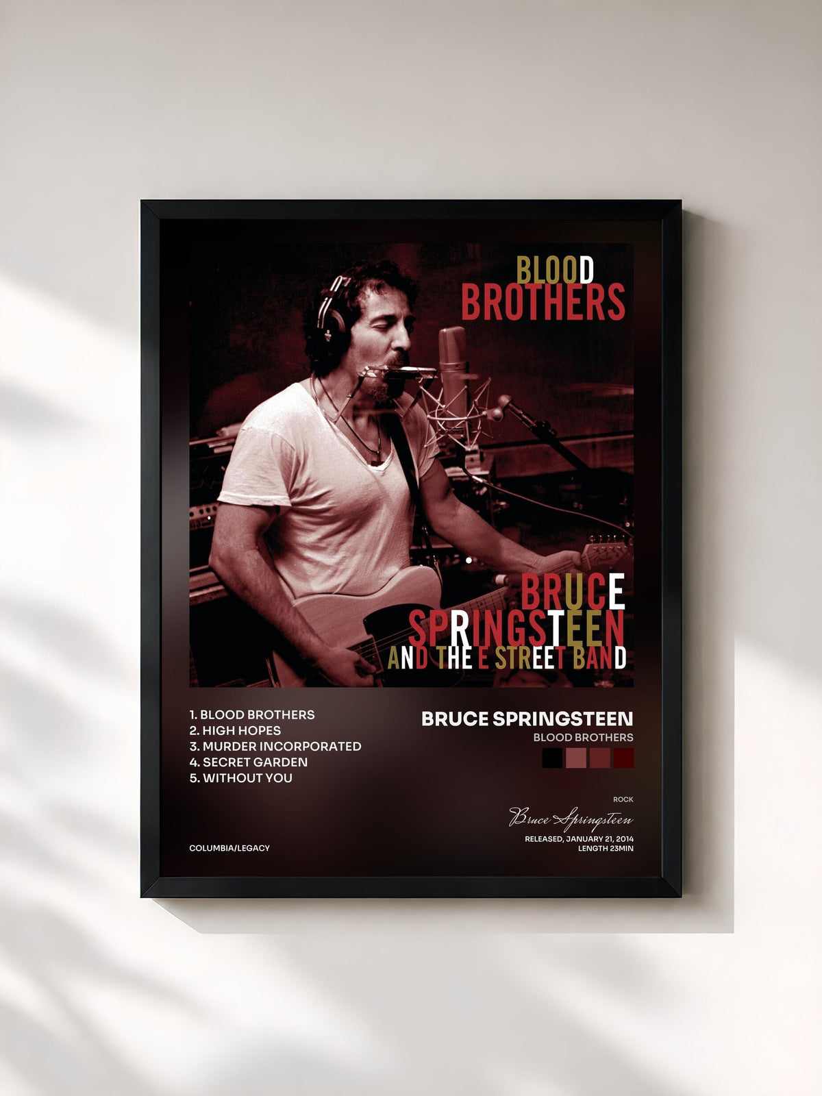 #noir Tableau de l'album Blood Brothers de Bruce Springsteen, cadre noir, imprimé et encadré en France