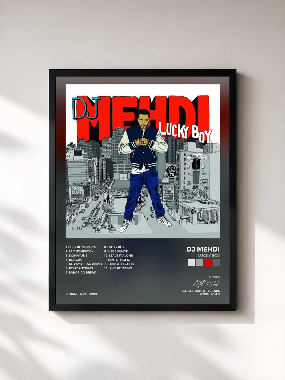 #noir Tableau de l'album Lucky Boy de DJ Mehdi, cadre noir, imprimé et encadré en France