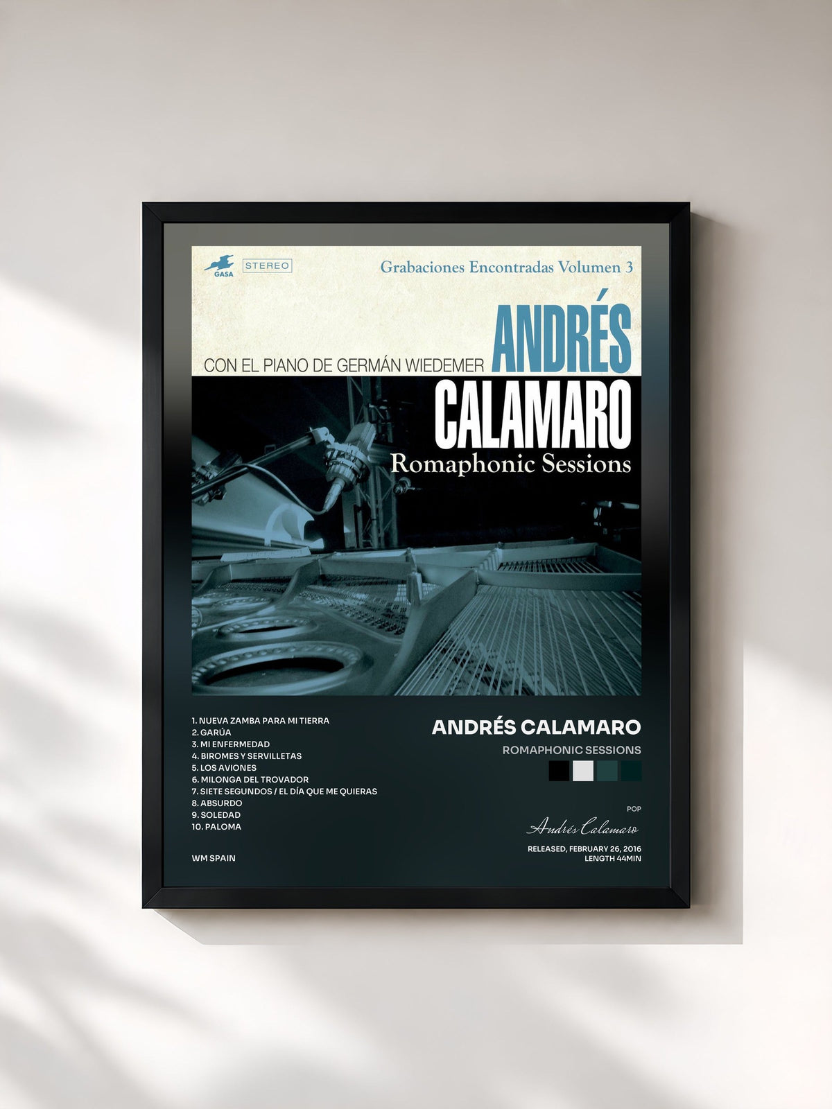 #noir Tableau de l'album Romaphonic Sessions de Andrés Calamaro, cadre noir, imprimé et encadré en France