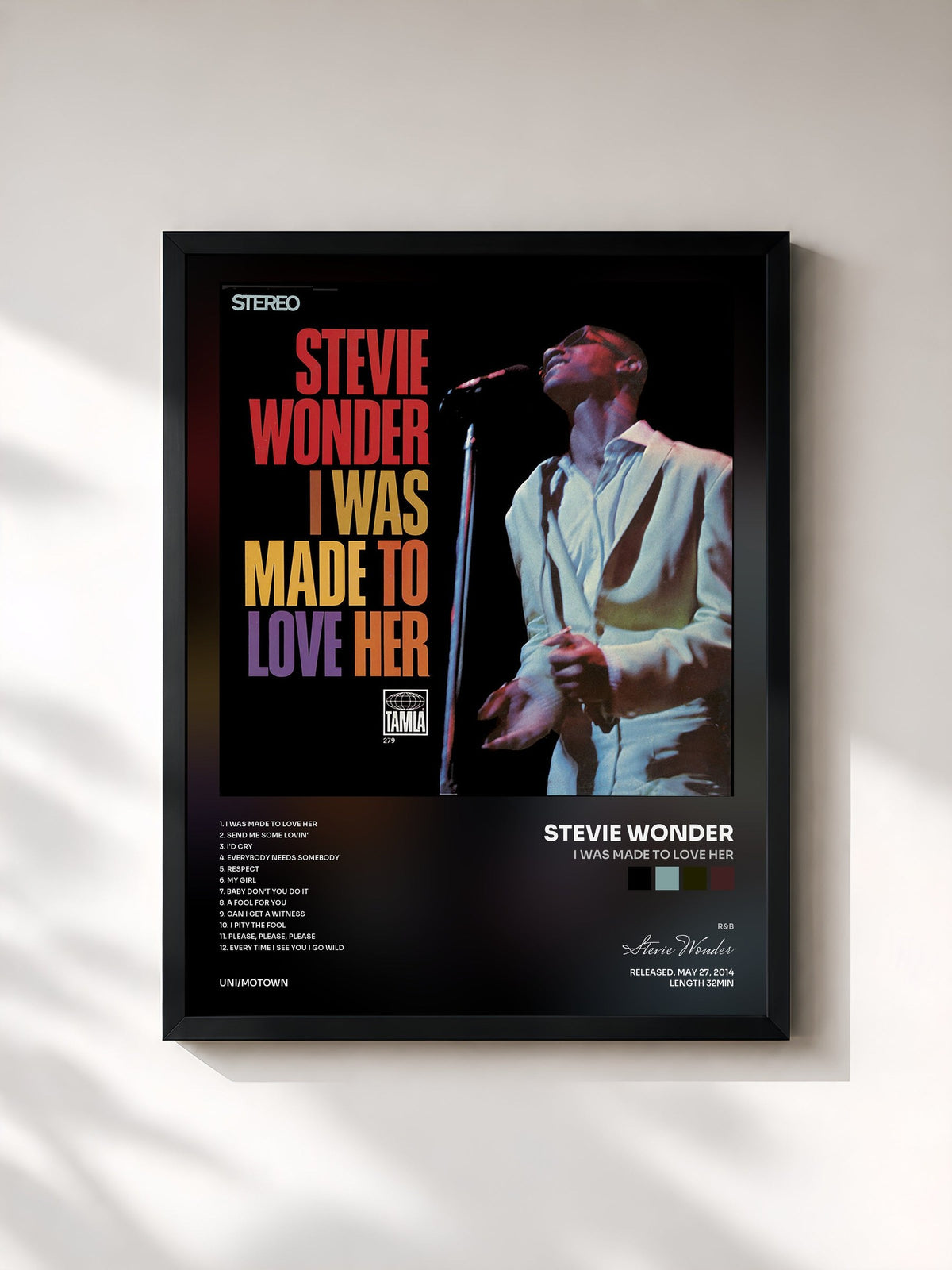 #noir Tableau de l'album I Was Made To Love Her de Stevie Wonder, cadre noir, imprimé et encadré en France