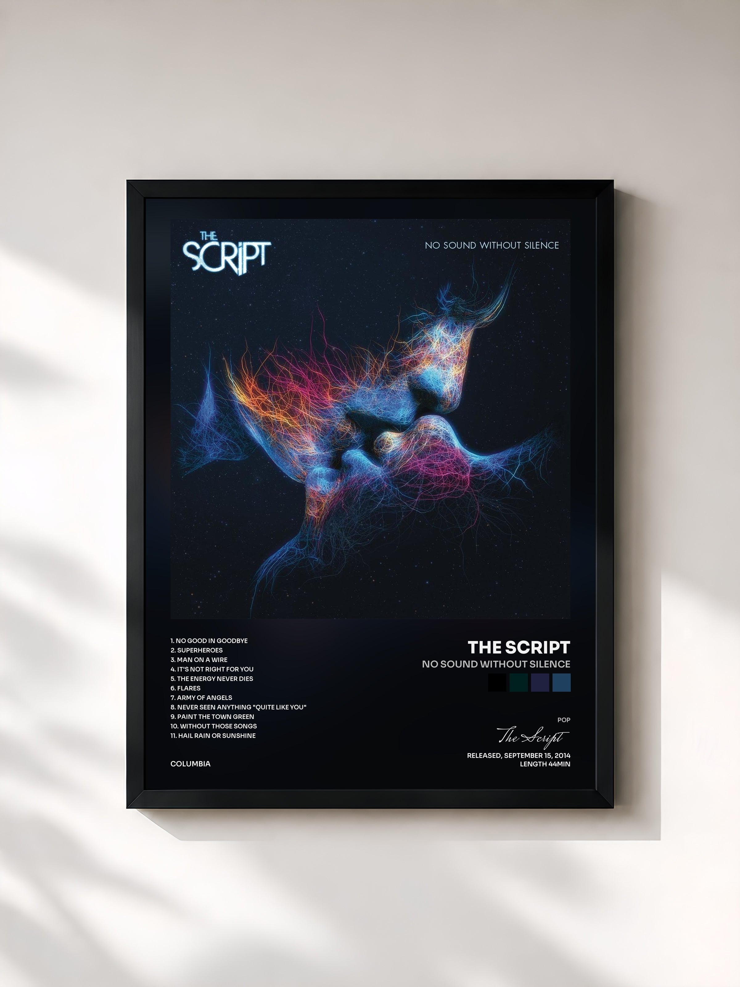 #noir Tableau de l'album No Sound Without Silence de The Script, cadre noir, imprimé et encadré en France