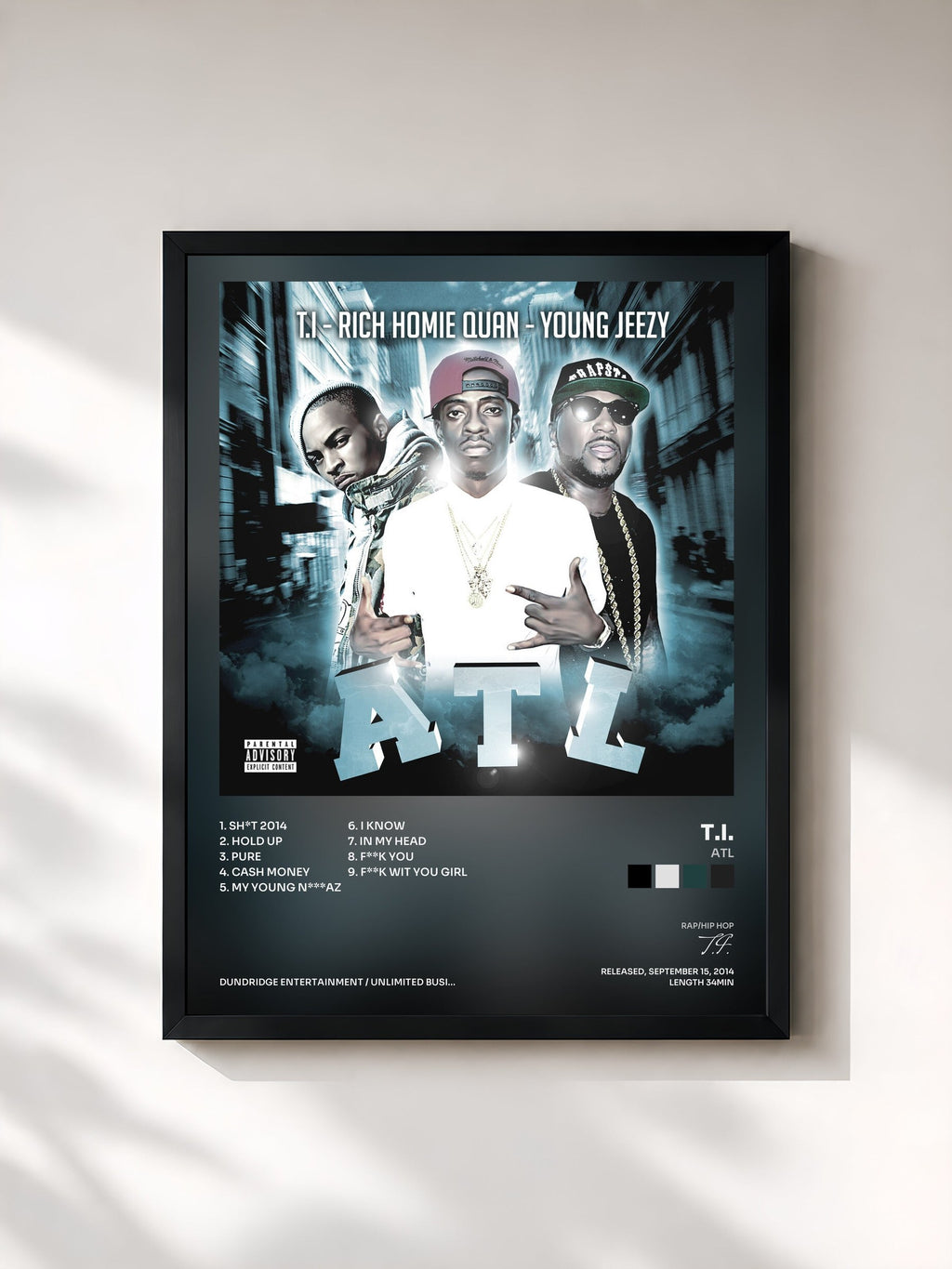 #noir Tableau de l'album ATL de T.I., cadre noir, imprimé et encadré en France