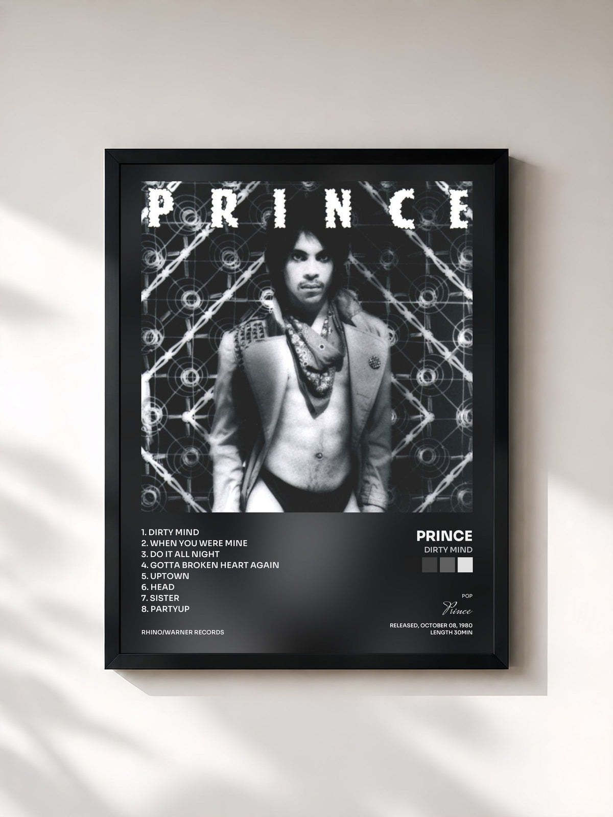 #noir Tableau de l'album Dirty Mind de Prince, cadre noir, imprimé et encadré en France