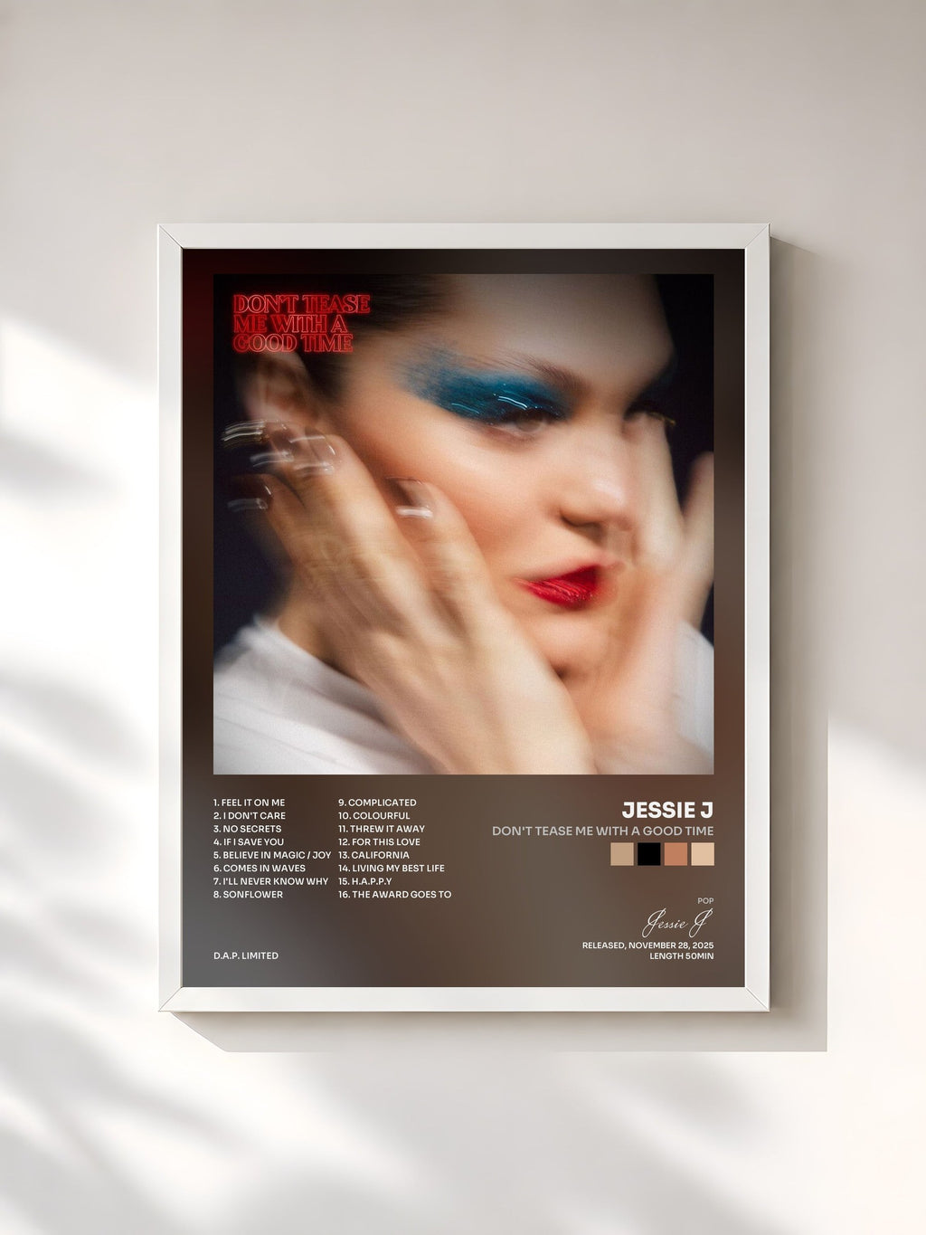 #blanc Tableau de l'album Don't Tease Me With A Good Time de Jessie J, cadre blanc, imprimé et encadré en France
