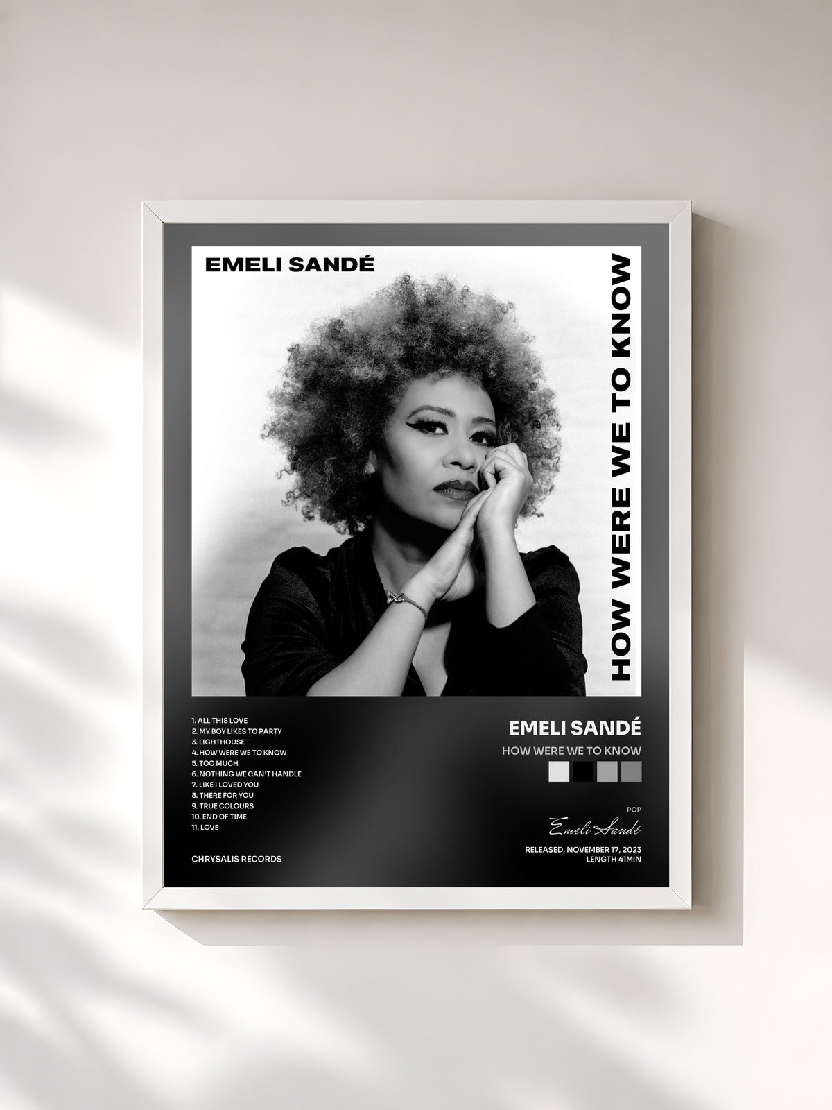 #blanc How Were We To Know by Emeli Sandé as a framed art print, white frame, printed and framed in France