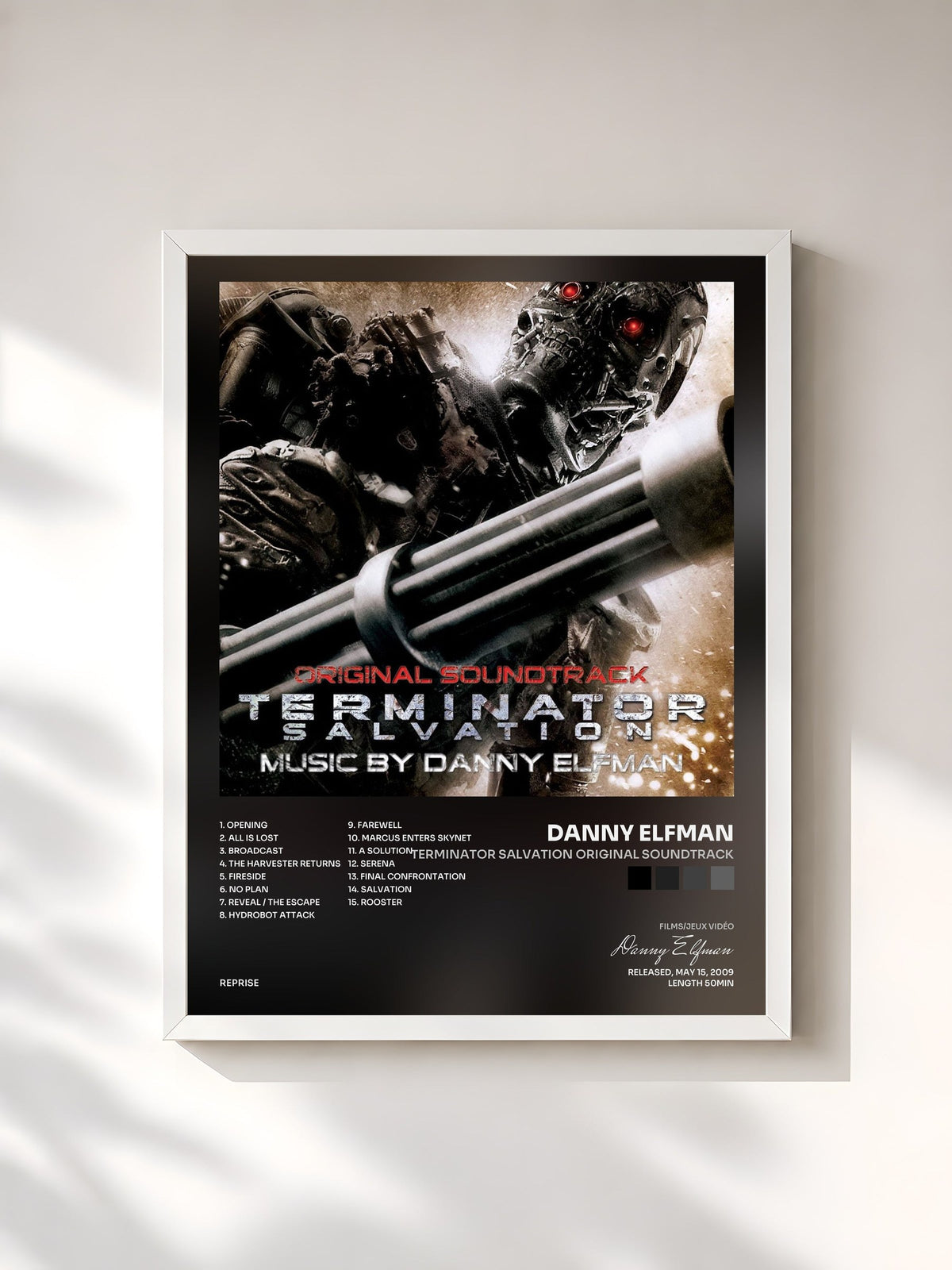 #blanc Tableau de l'album Terminator Salvation Original Soundtrack de Danny Elfman, cadre blanc, imprimé et encadré en France