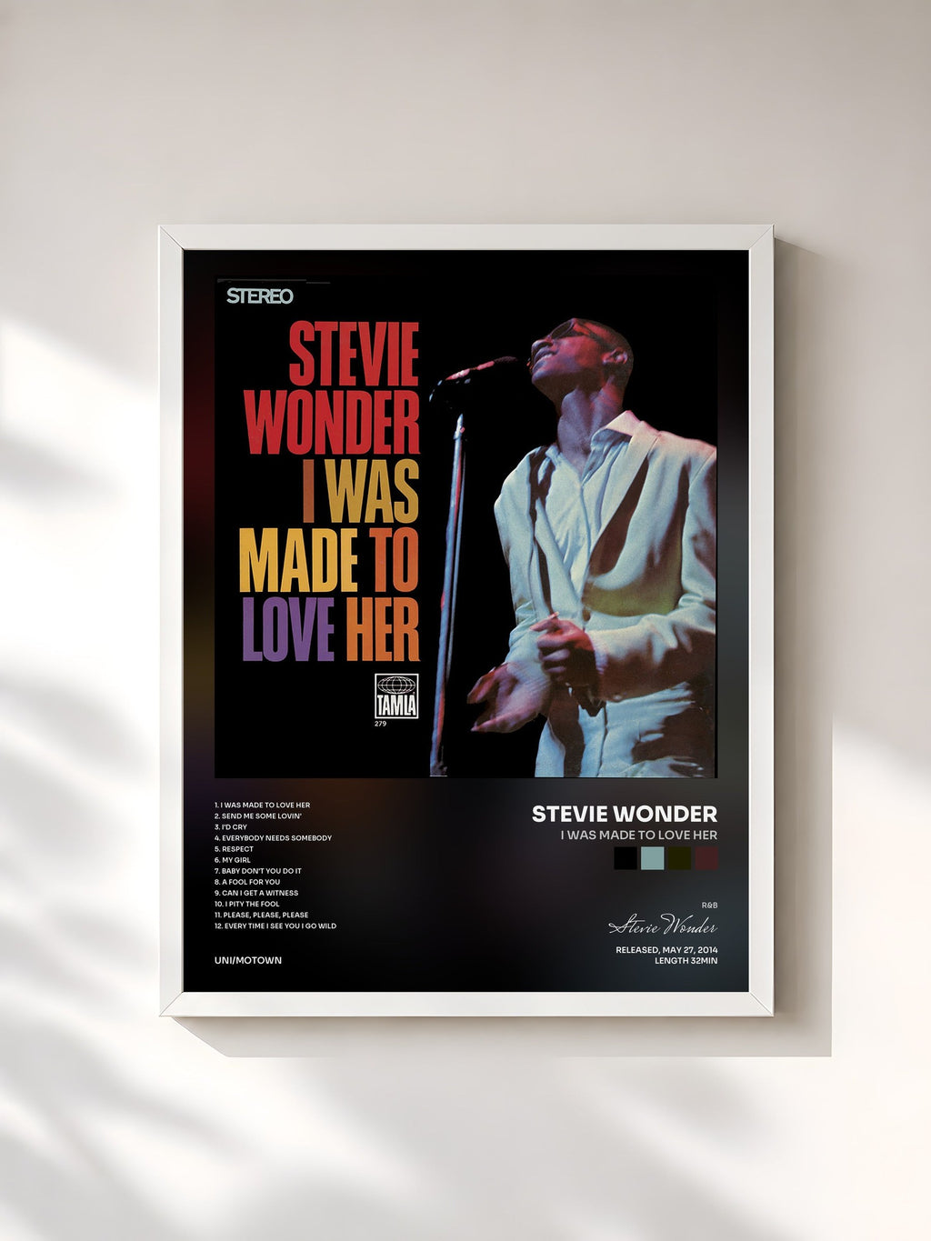 #blanc Tableau de l'album I Was Made To Love Her de Stevie Wonder, cadre blanc, imprimé et encadré en France