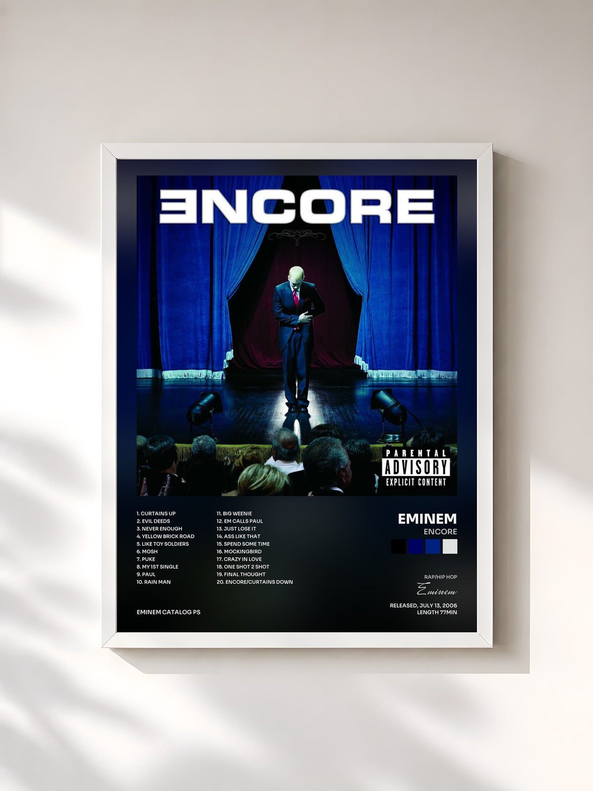 #blanc Tableau de l'album Encore de Eminem, cadre blanc, imprimé et encadré en France