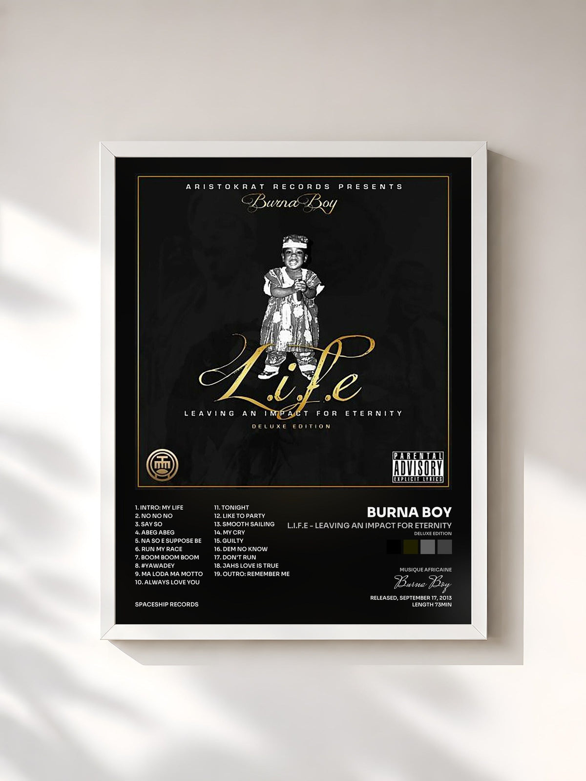 #blanc Tableau de l'album L.I.F.E - Leaving an Impact for Eternity (Deluxe Edition) de Burna Boy, cadre blanc, imprimé et encadré en France