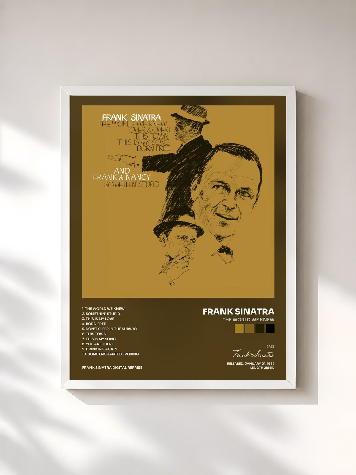 #blanc Tableau de l'album The World We Knew de Frank Sinatra, cadre blanc, imprimé et encadré en France