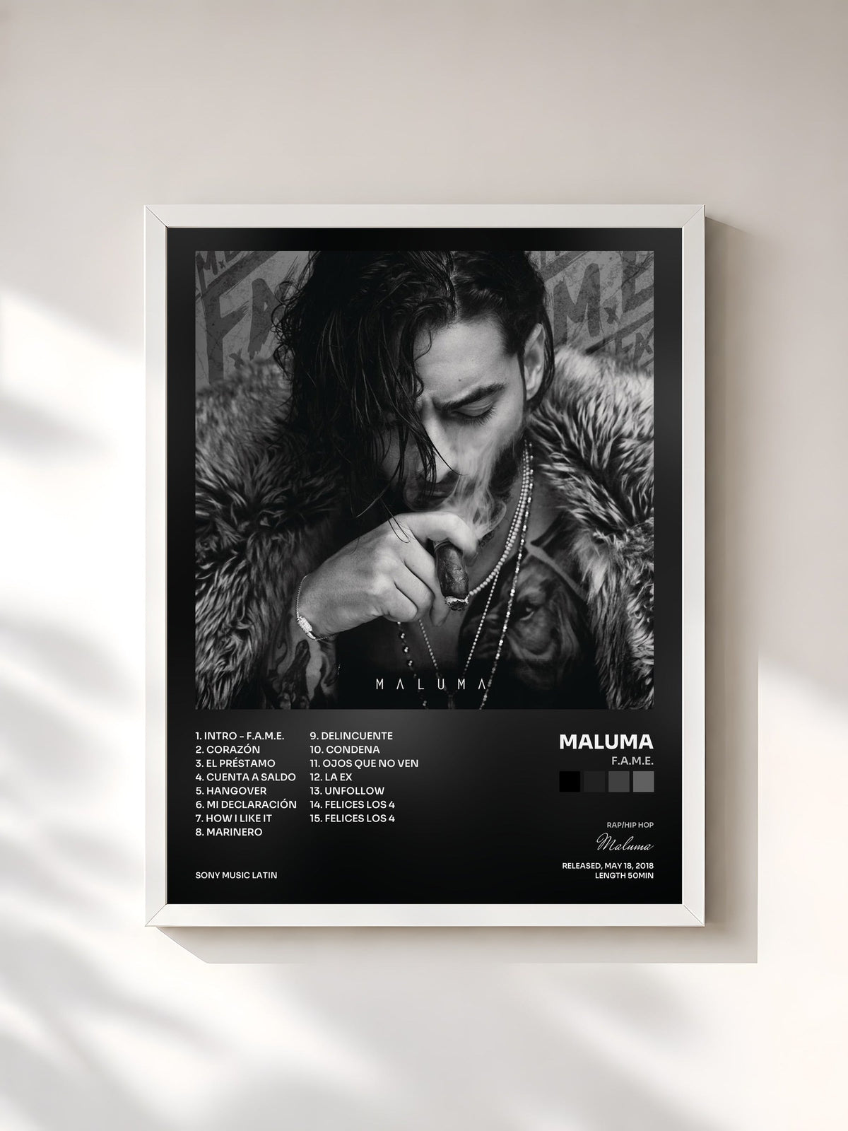 #blanc Tableau de l'album F.A.M.E. de Maluma, cadre blanc, imprimé et encadré en France