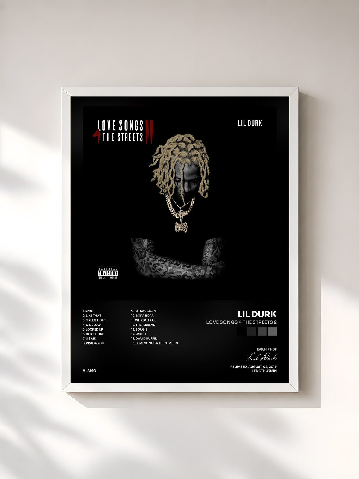 #blanc Tableau de l'album Love Songs 4 the Streets 2 de Lil Durk, cadre blanc, imprimé et encadré en France