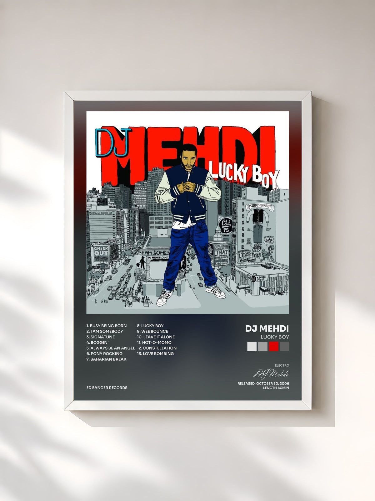 #blanc Tableau de l'album Lucky Boy de DJ Mehdi, cadre blanc, imprimé et encadré en France
