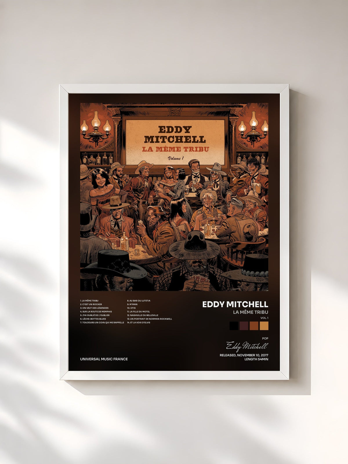 #blanc Tableau de l'album La même tribu (Vol. 1) de Eddy Mitchell, cadre blanc, imprimé et encadré en France