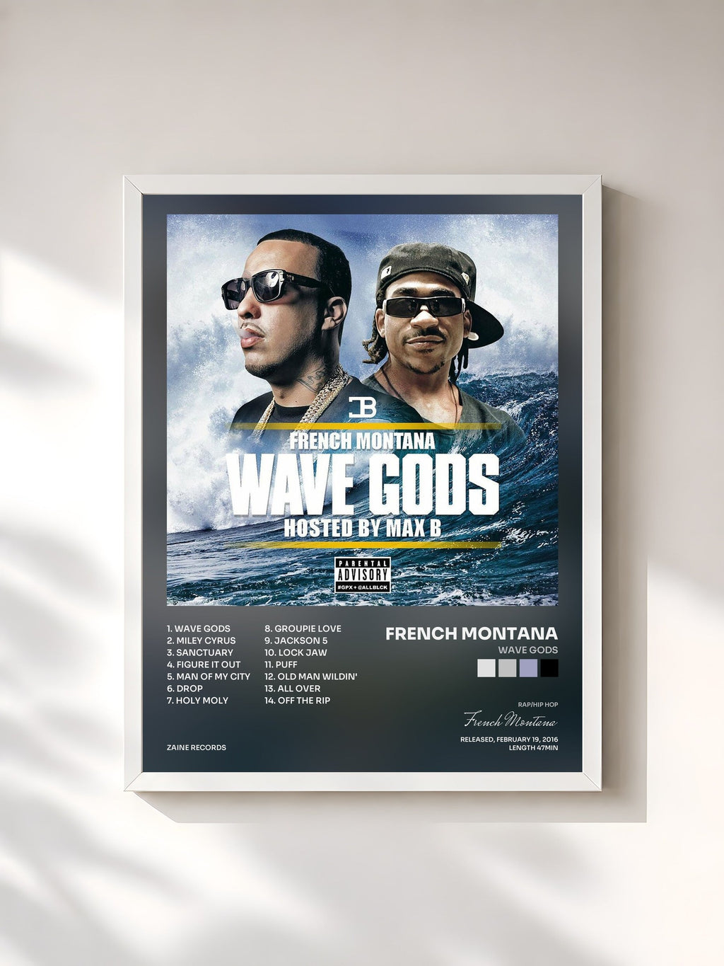 #blanc Tableau de l'album Wave Gods de French Montana, cadre blanc, imprimé et encadré en France