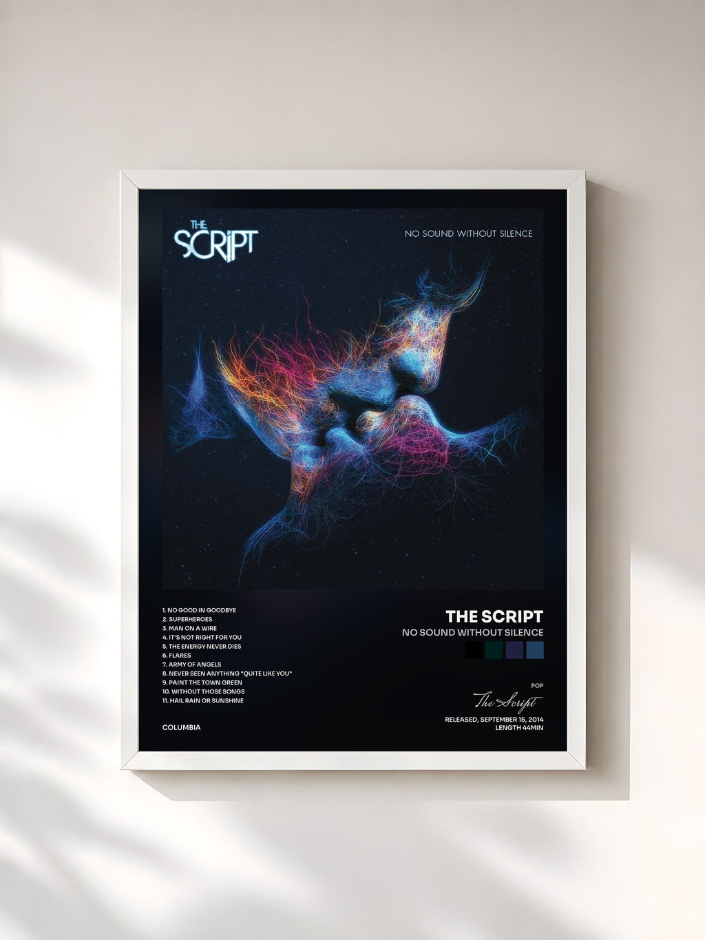 #blanc No Sound Without Silence by The Script as a framed art print, white frame, printed and framed in France