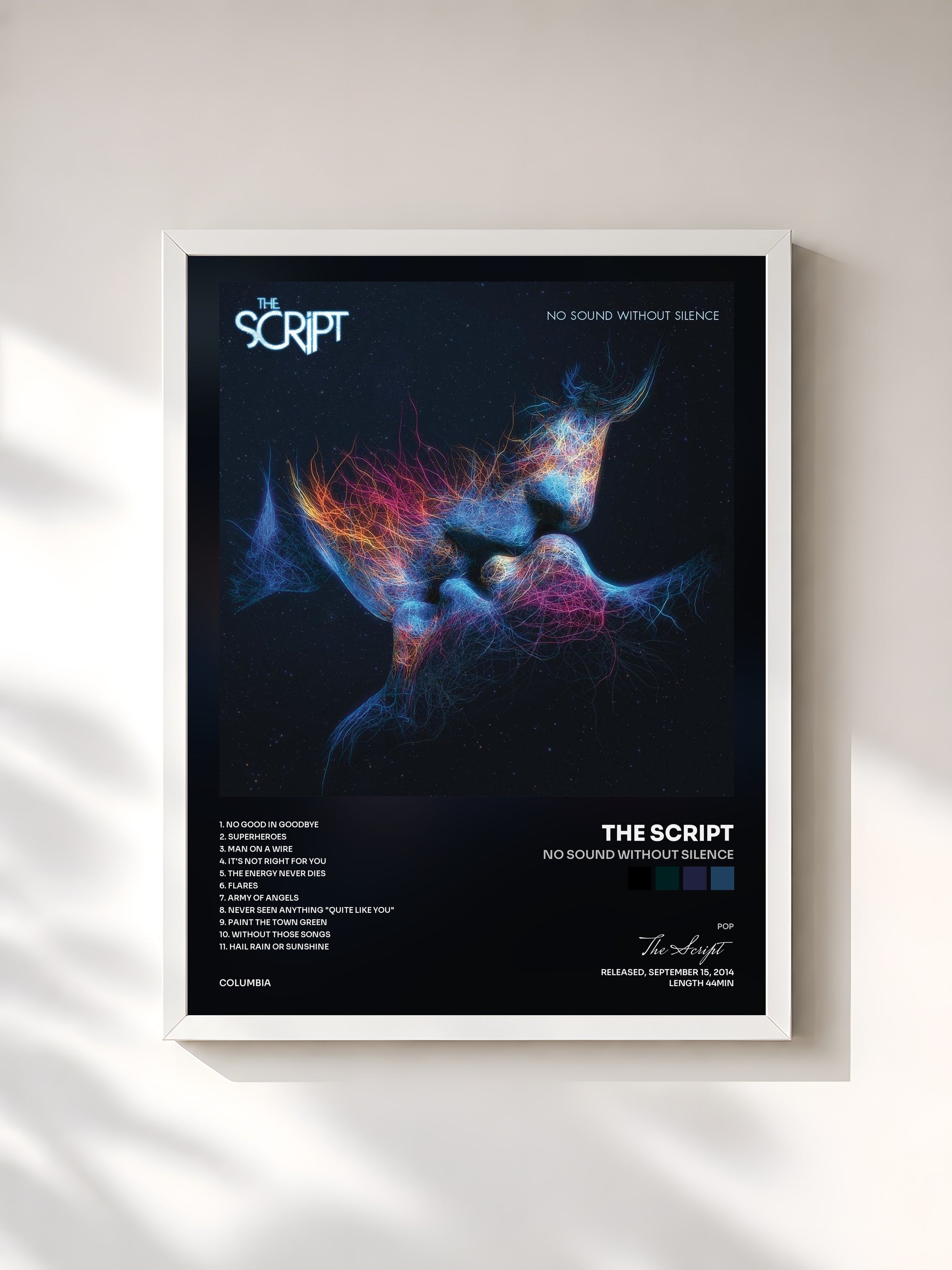 #blanc Tableau de l'album No Sound Without Silence de The Script, cadre blanc, imprimé et encadré en France