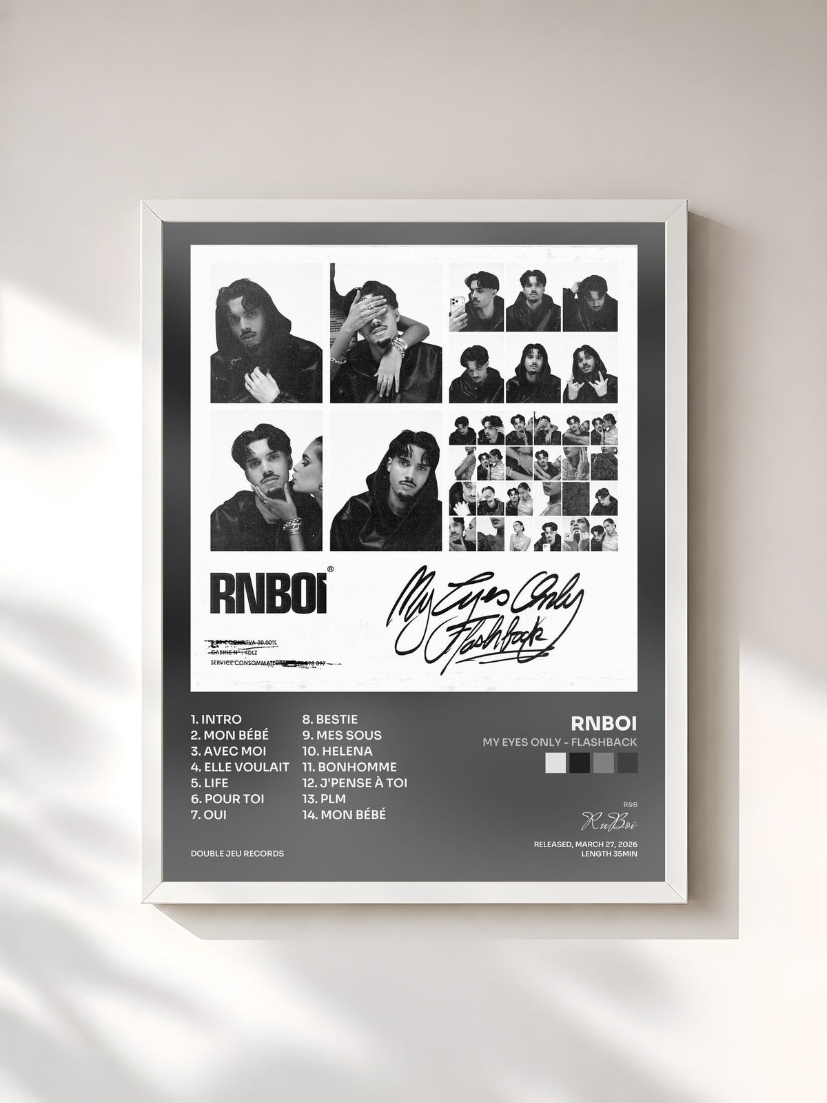 #blanc Tableau de l'album My Eyes Only - Flashback de RnBoi, cadre blanc, imprimé et encadré en France