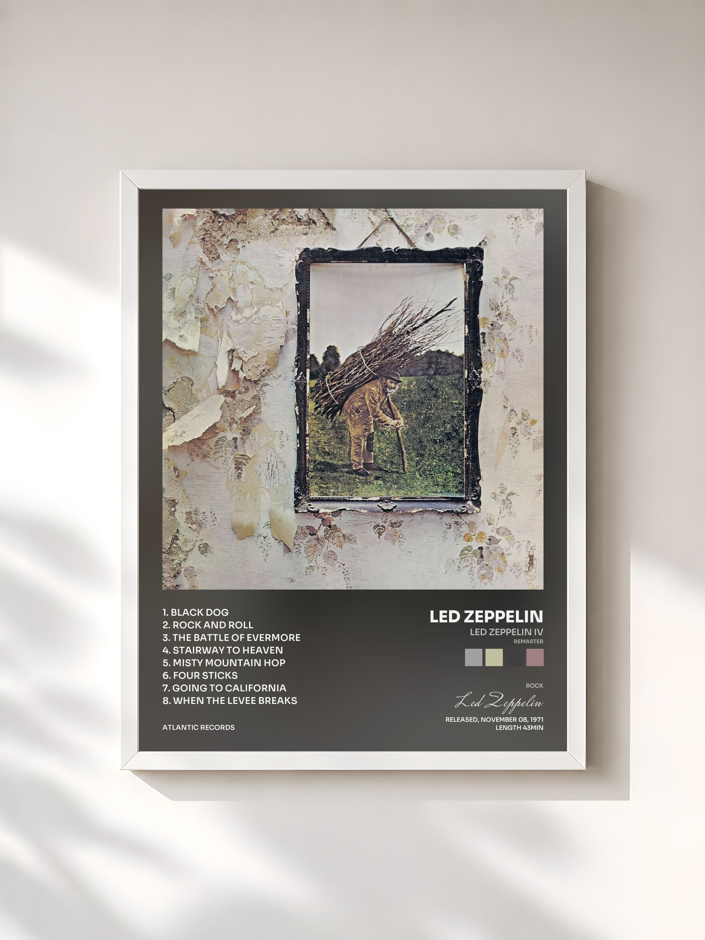 #blanc Tableau de l'album Led Zeppelin IV (Remaster) de Led Zeppelin, cadre blanc, imprimé et encadré en France