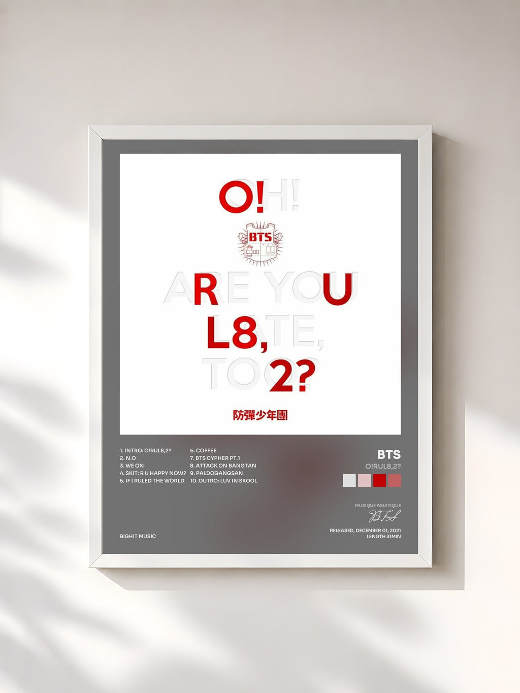 #blanc Tableau de l'album O!RUL8,2? de BTS, cadre blanc, imprimé et encadré en France