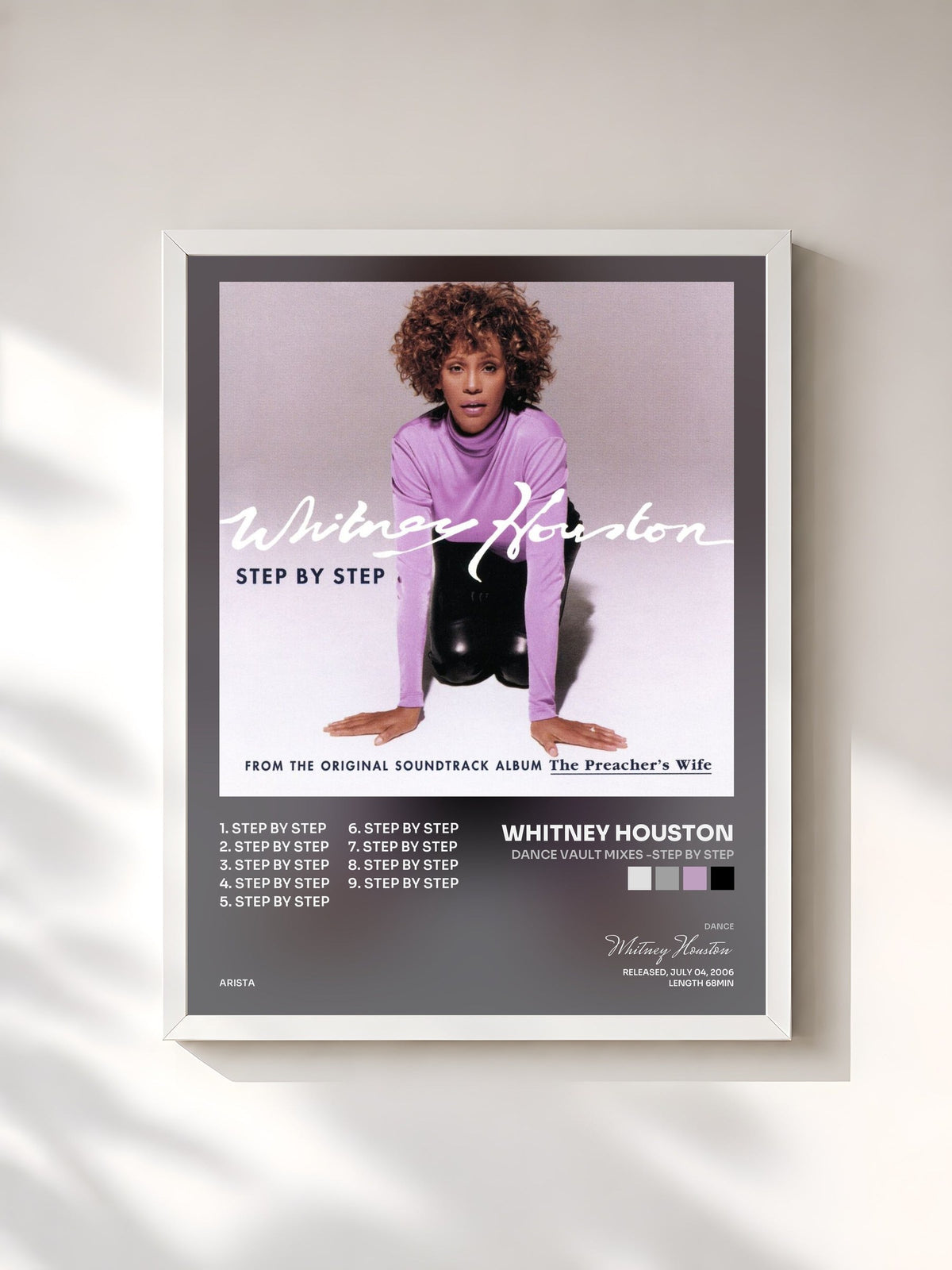 #blanc Tableau de l'album Dance Vault Mixes -Step By Step de Whitney Houston, cadre blanc, imprimé et encadré en France
