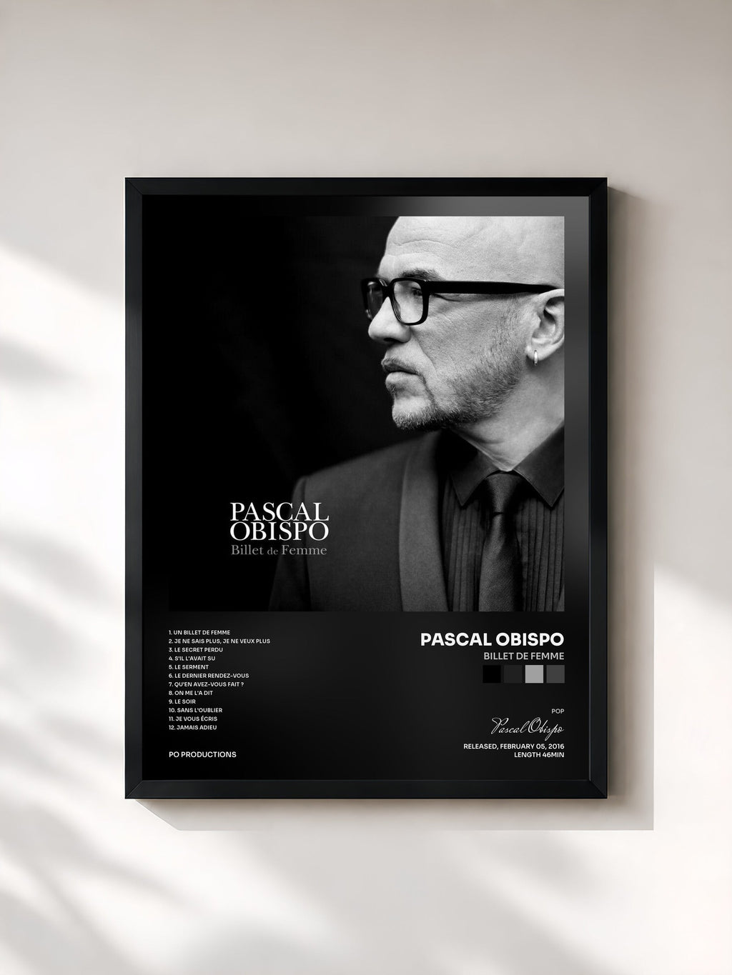 #noir Billet de femme de Pascal Obispo en lámina enmarcada, marco negro, impresa y enmarcada en Francia