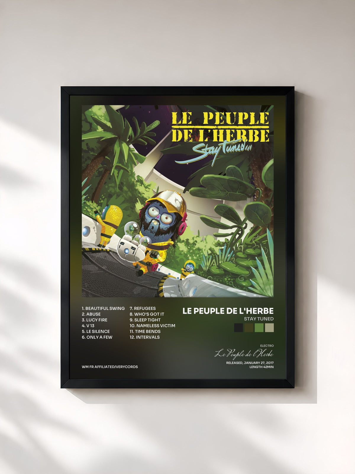 #noir Tableau de l'album Stay Tuned de Le Peuple de l'Herbe, cadre noir, imprimé et encadré en France