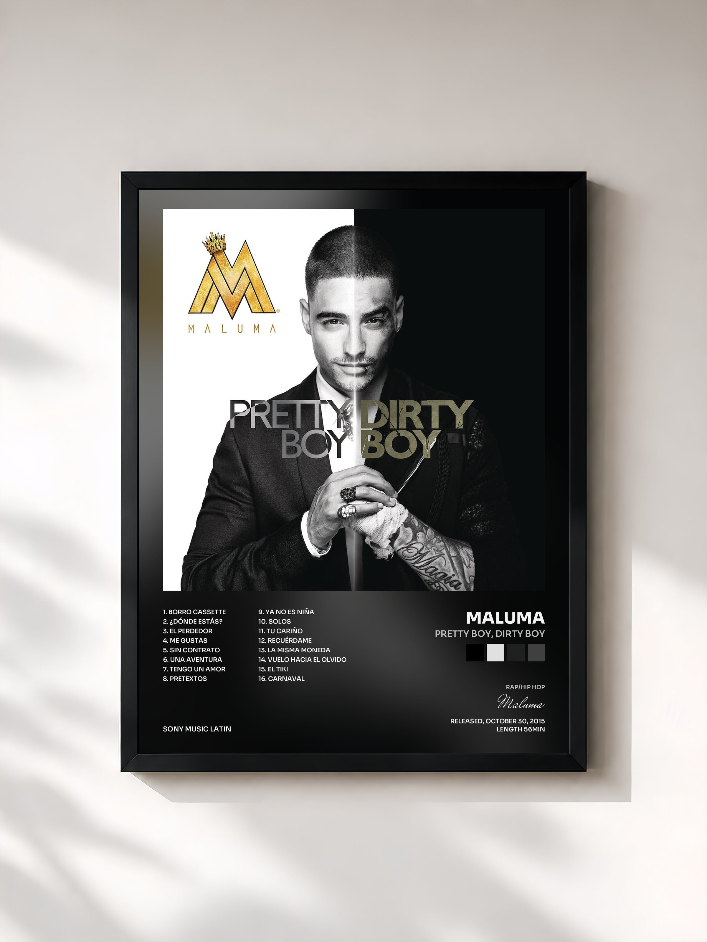 #noir Pretty Boy, Dirty Boy di Maluma in stampa incorniciata, cornice nera, stampata e incorniciata in Francia