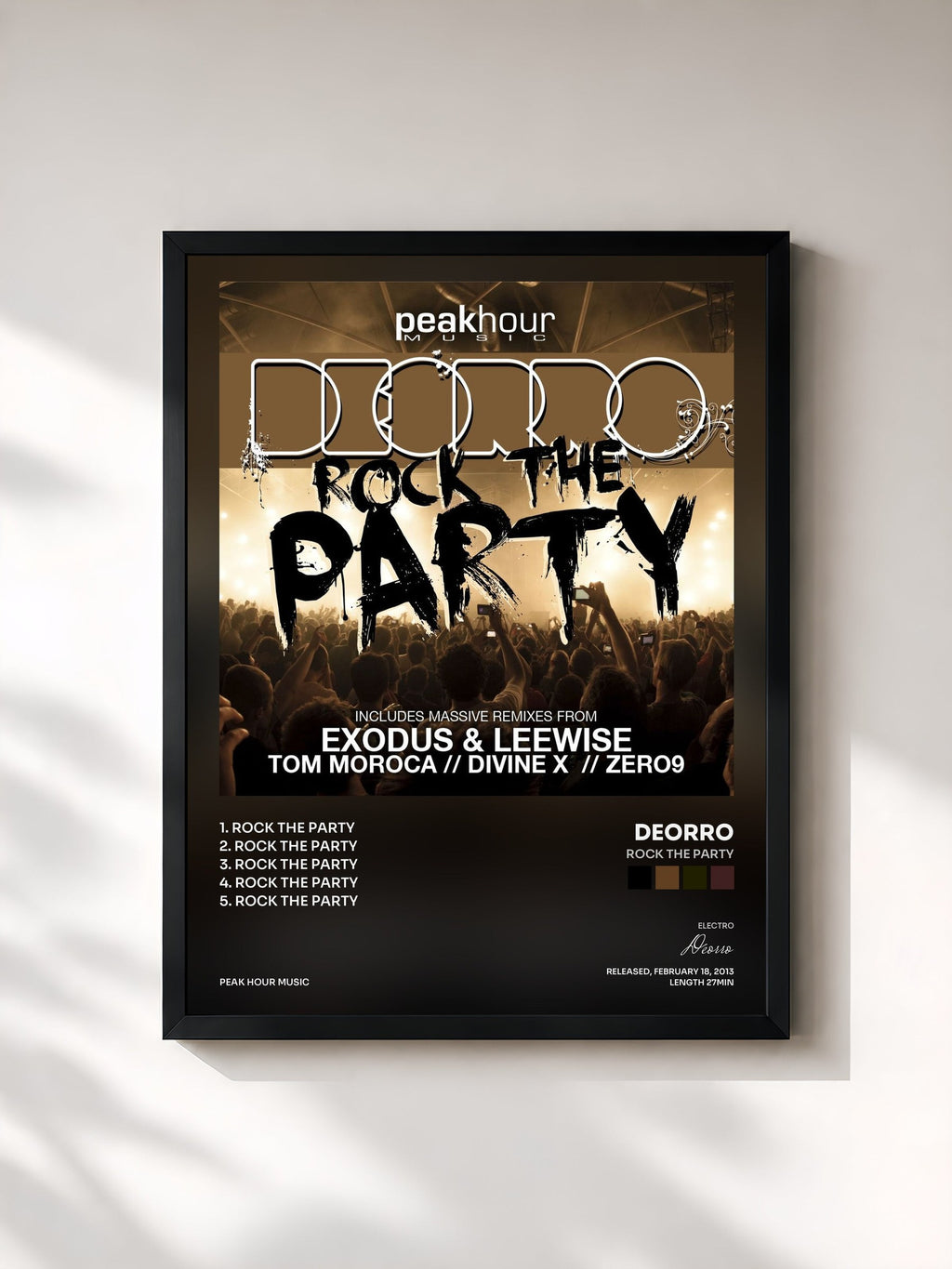 #noir Tableau de l'album Rock The Party de Deorro, cadre noir, imprimé et encadré en France
