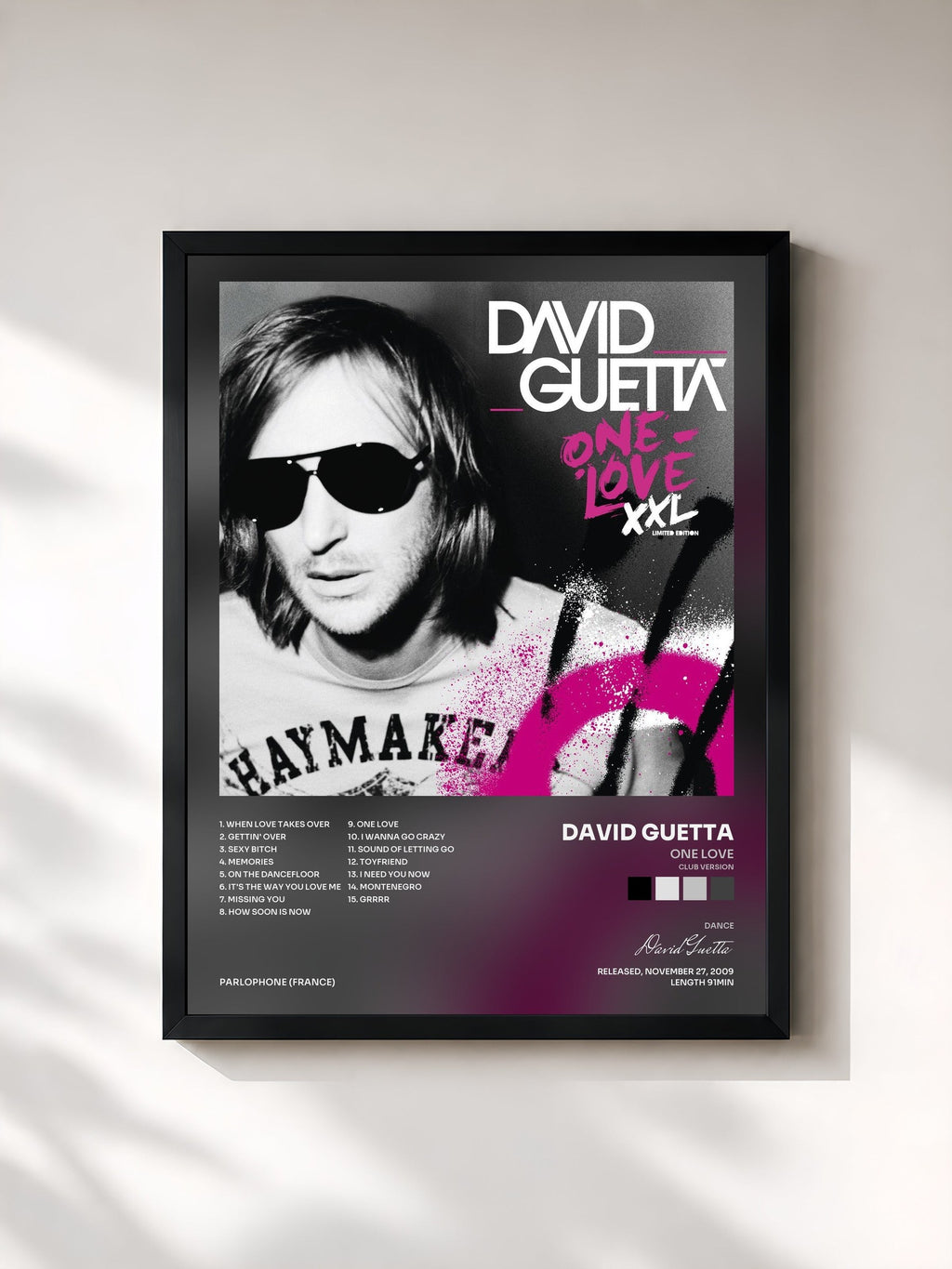 #noir Tableau de l'album One Love de David Guetta, cadre noir, imprimé et encadré en France
