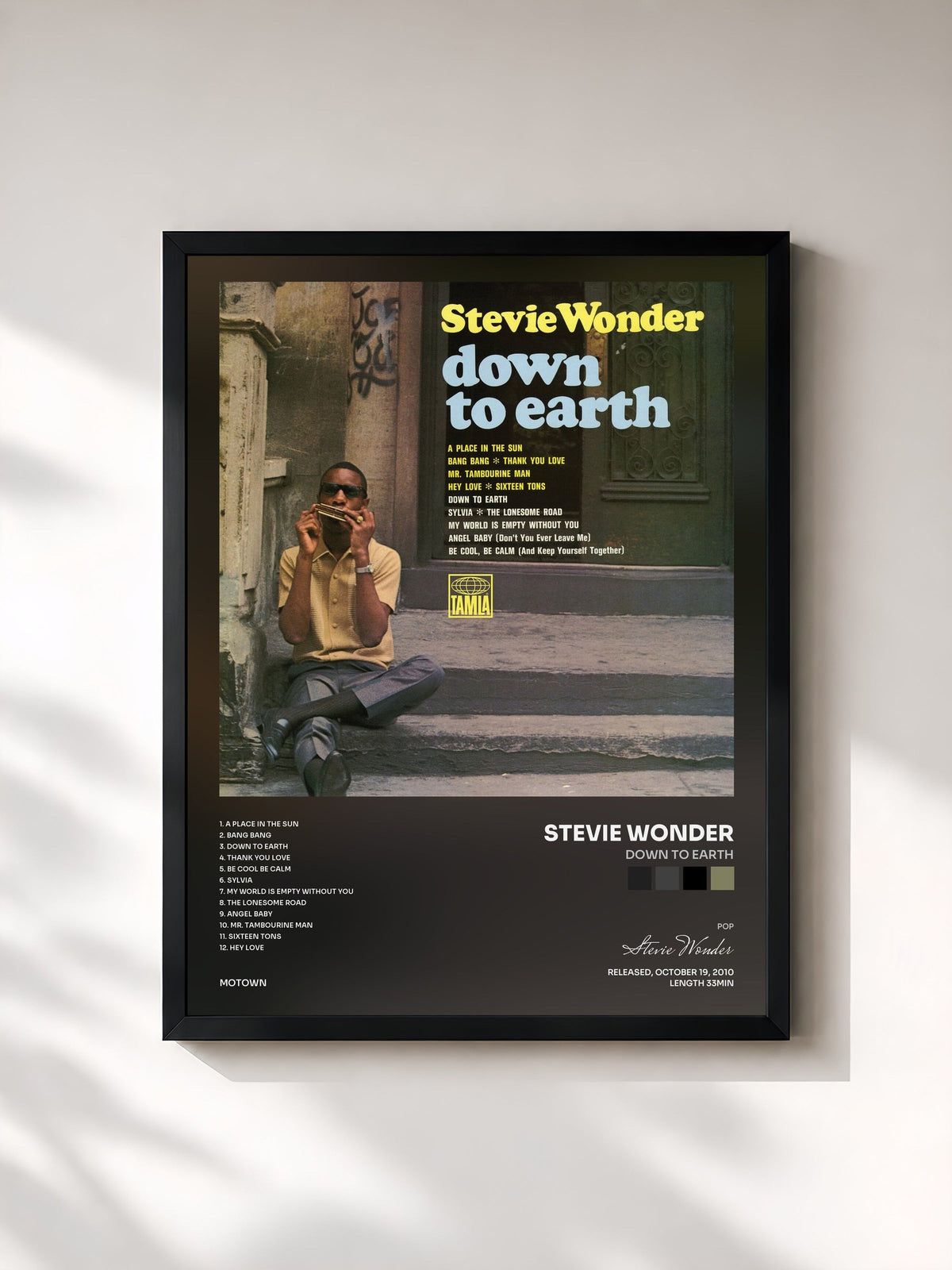 #noir Tableau de l'album Down To Earth de Stevie Wonder, cadre noir, imprimé et encadré en France