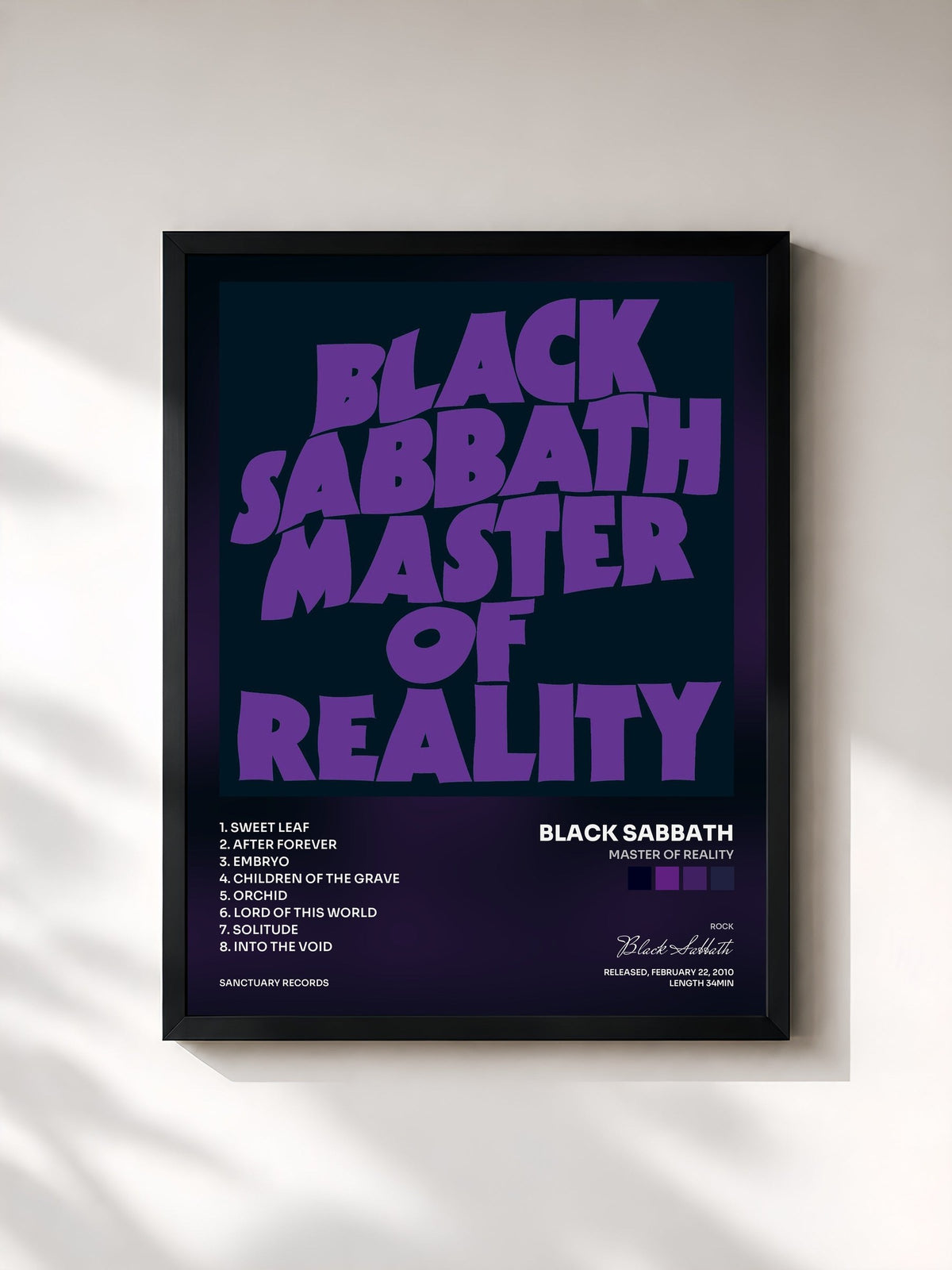 #noir Tableau de l'album Master of Reality de Black Sabbath, cadre noir, imprimé et encadré en France