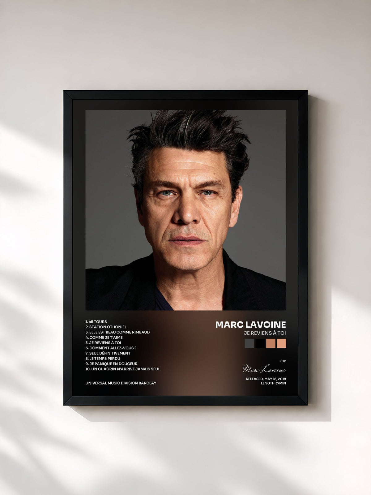 #noir Tableau de l'album Je reviens à toi de Marc Lavoine, cadre noir, imprimé et encadré en France