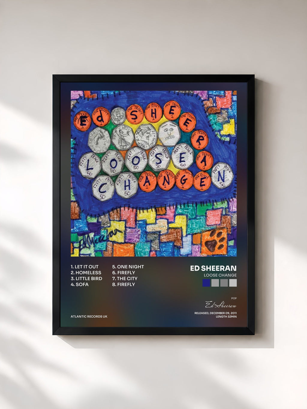 #noir Tableau de l'album Loose Change de Ed Sheeran, cadre noir, imprimé et encadré en France