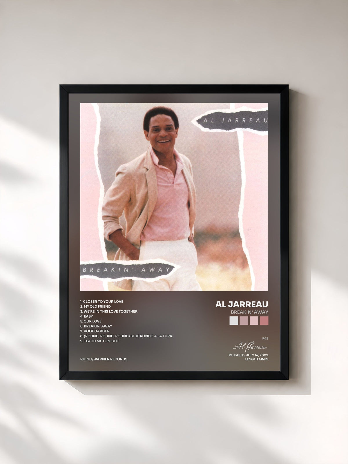 #noir Tableau de l'album Breakin' Away de Al Jarreau, cadre noir, imprimé et encadré en France