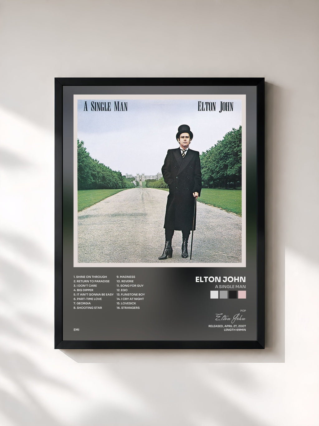 #noir Tableau de l'album A Single Man de Elton John, cadre noir, imprimé et encadré en France