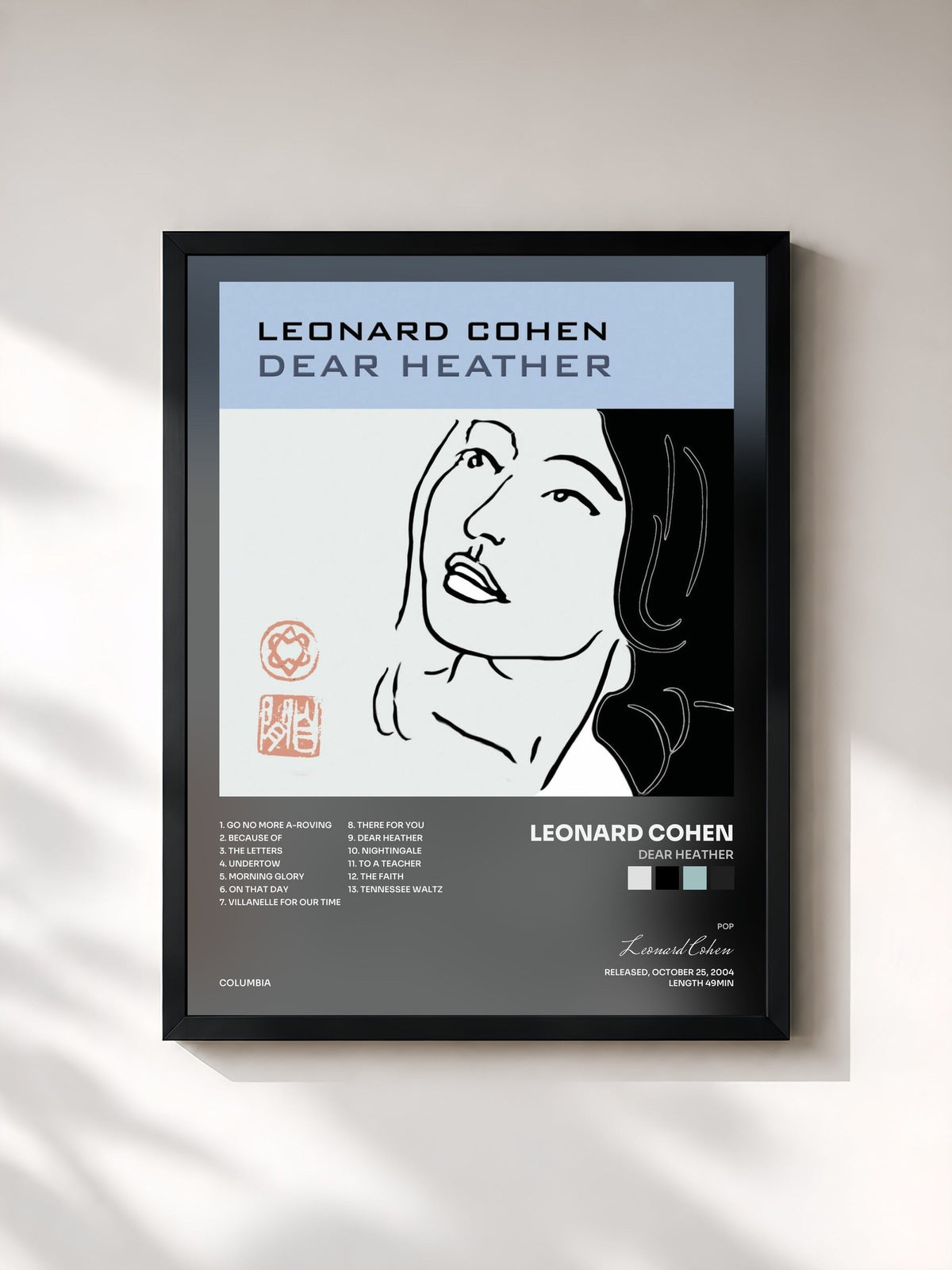 #noir Tableau de l'album Dear Heather de Leonard Cohen, cadre noir, imprimé et encadré en France
