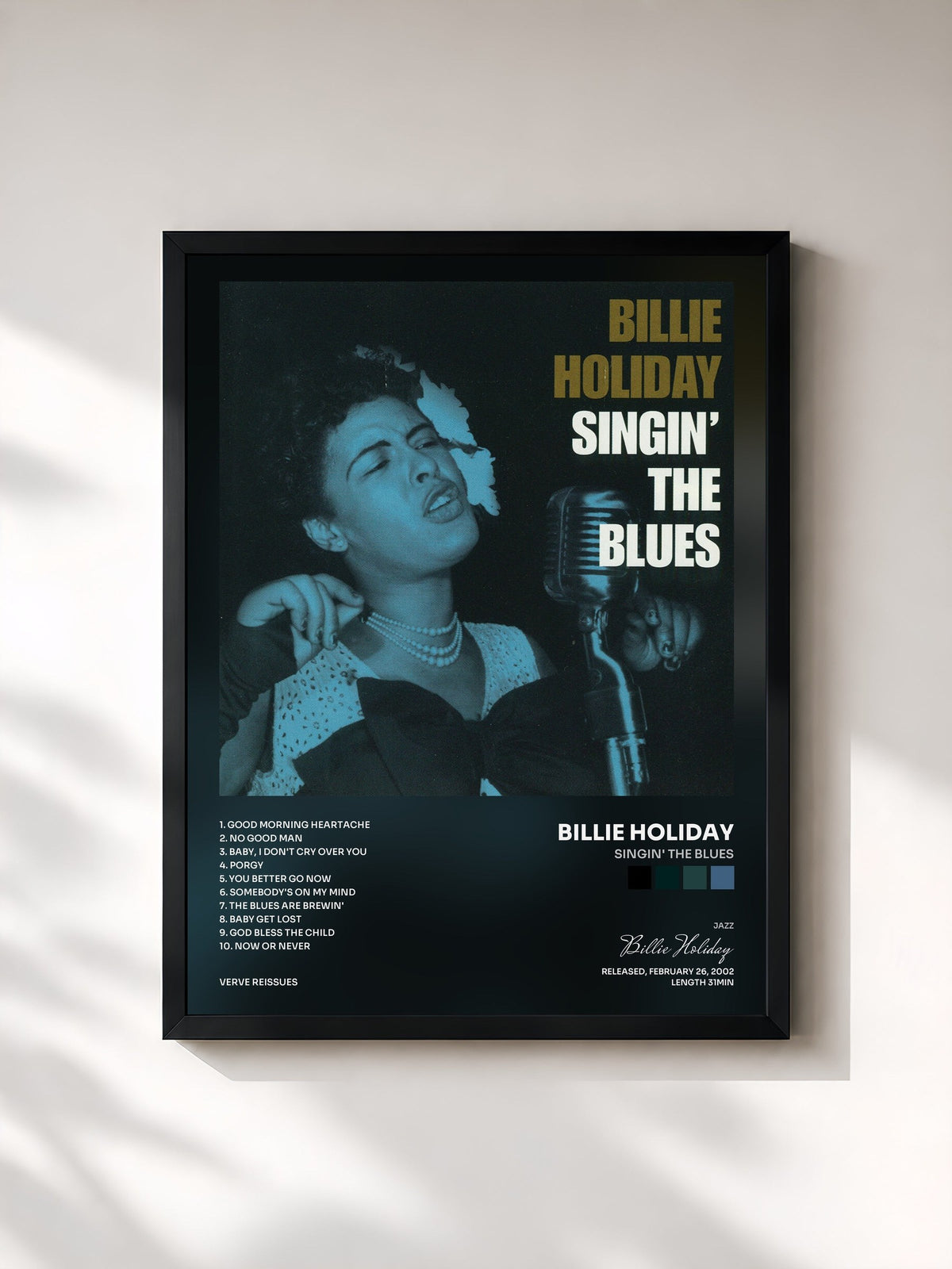 #noir Tableau de l'album Singin' The Blues de Billie Holiday, cadre noir, imprimé et encadré en France