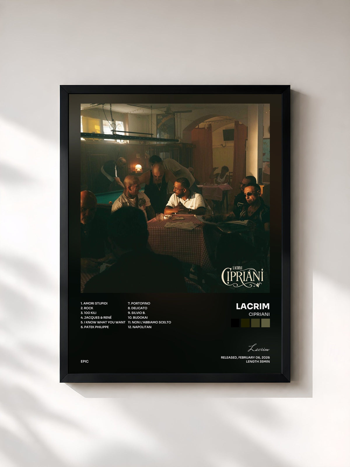 #noir Tableau de l'album Cipriani de Lacrim, cadre noir, imprimé et encadré en France