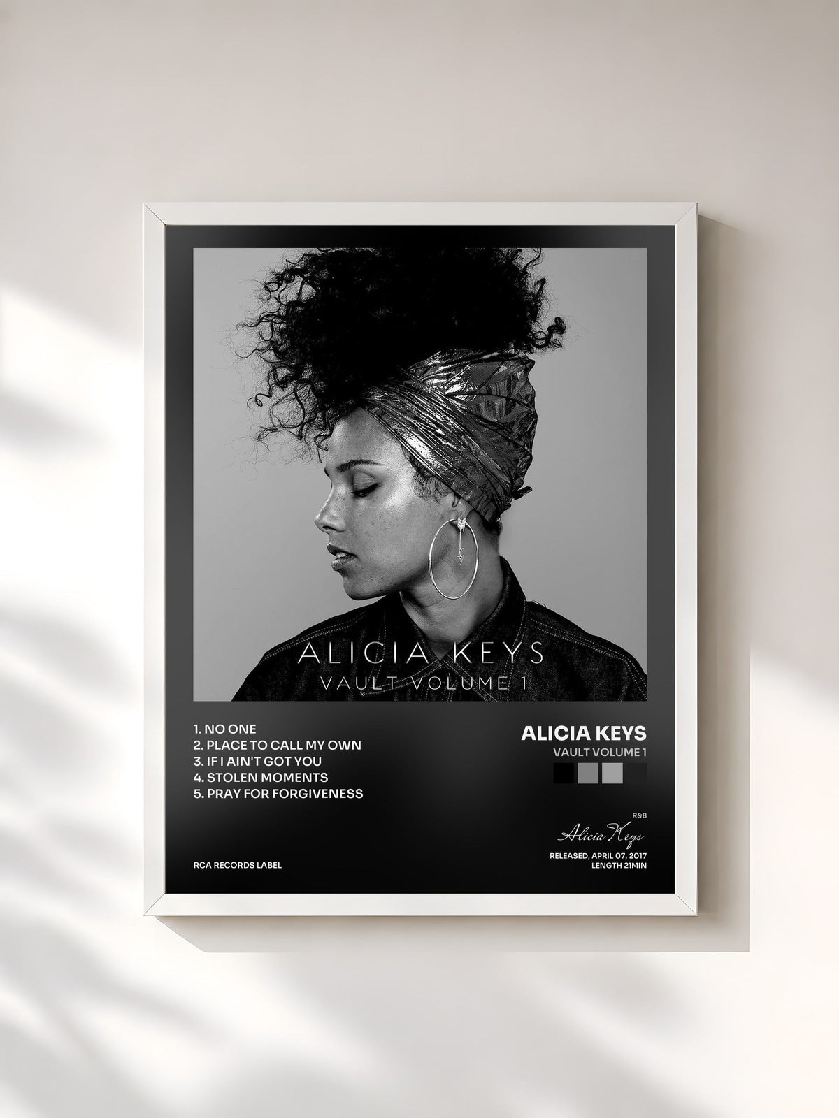#blanc Tableau de l'album Vault Volume 1 de Alicia Keys, cadre blanc, imprimé et encadré en France