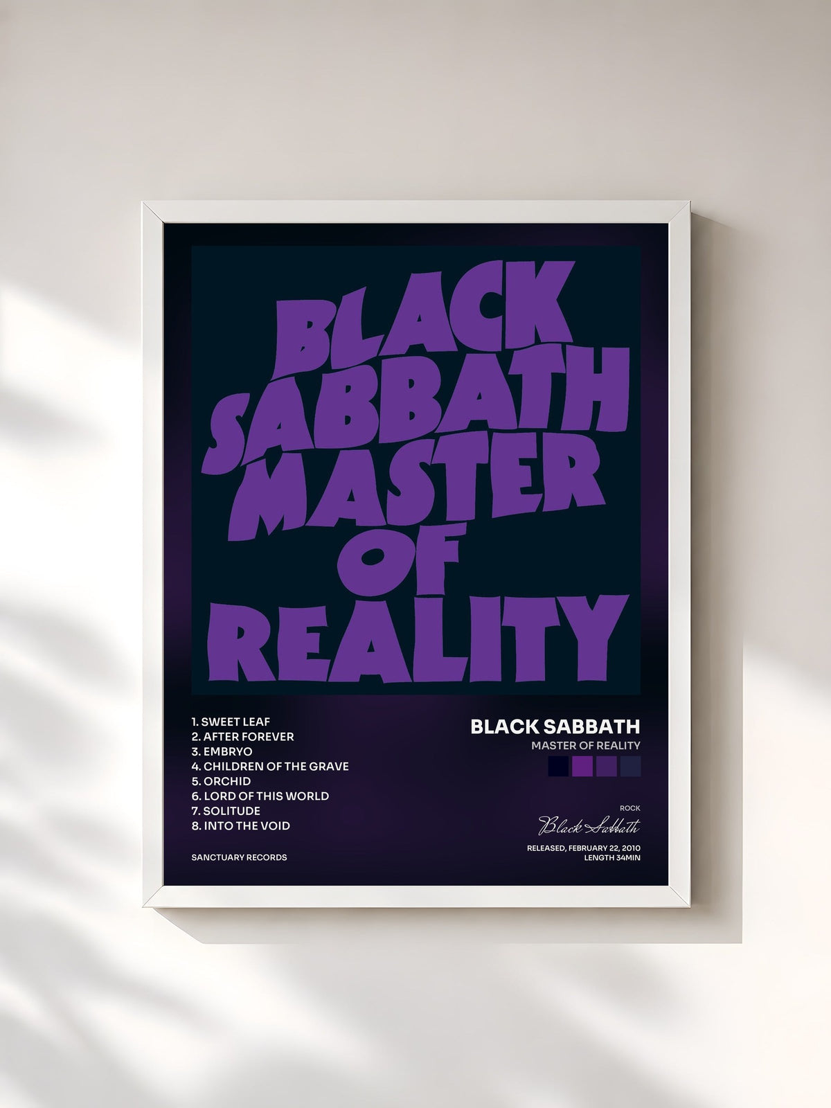 #blanc Tableau de l'album Master of Reality de Black Sabbath, cadre blanc, imprimé et encadré en France